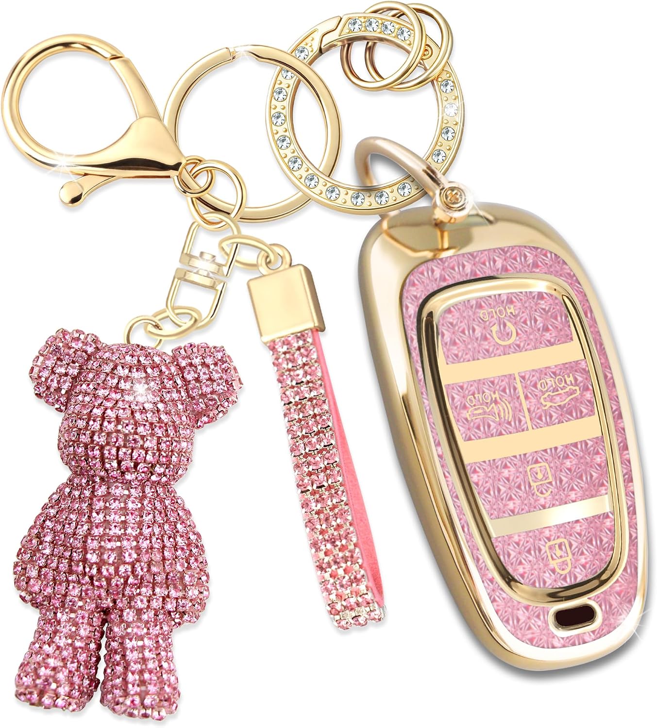 Cute Key Fob Cover with Rhinestone Bear Charm, Bling TPU Smart Key Case for Women, Compatible with Hyundai Tucson 2022-2024 Sonata 2019-2023 Santa Cruz 2021-2024 (5-Button, Gold Pink)