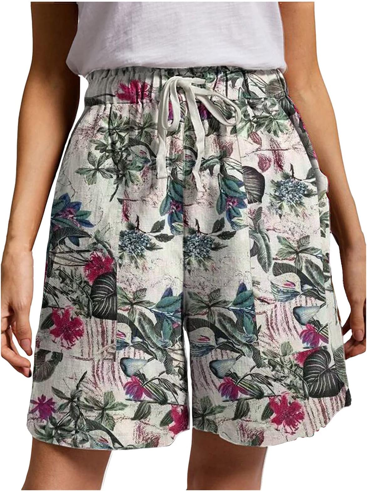 FIRERO Linen Bermuda Shorts for Women Drawstring Loose Fit Elastic Waist Plain Boho Print Comfy Shorts with Pockets