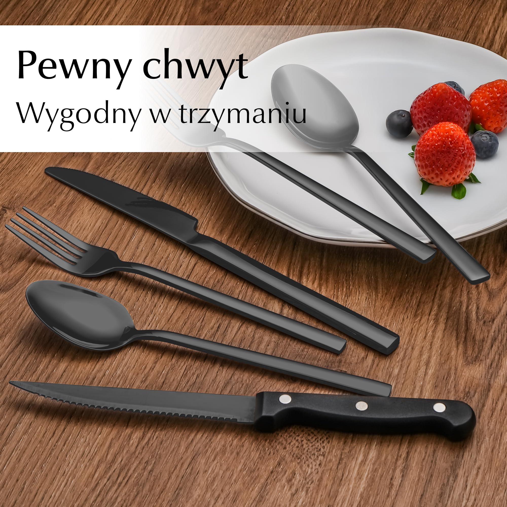 MIAMIO – Zestaw Sztućców ze Stali Nierdzewnej dla 6 Osób / 36-Częściowy Zestaw Sztućców – Noże, Widelce, Łyżki – Można Myć w Zmywarce (Czarny, 36 części)