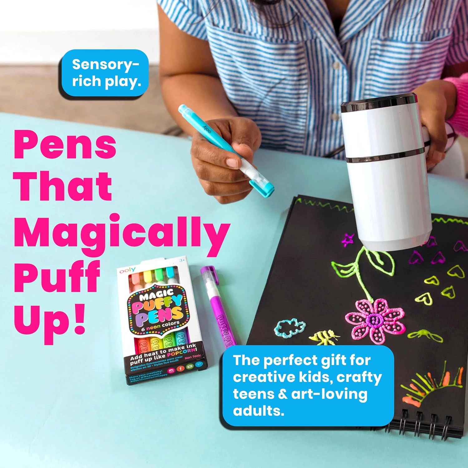 Ooly Puffy Paint Neon Gel Pens Set of 6 & Sketchbook Bundle, 3D Foam Texture Painting Magic Puffy Pen, Creative and Fun Pens for Kids Arts and Crafts Drawing Supplies