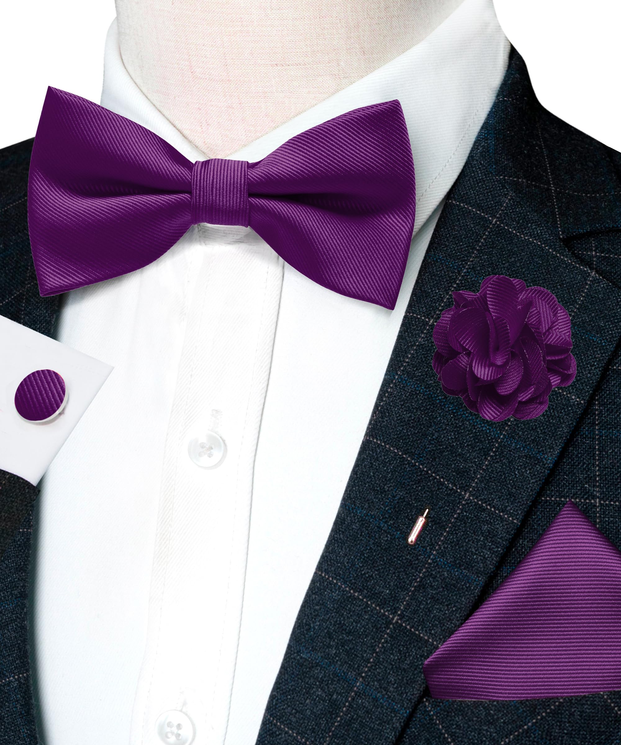 JEMYGINS Męska muszka z Twill in Uni z spinkami do mankietów Pocket Square i kompozycją kwiatową, zestaw upominkowy na imprezy, biznes i wesela