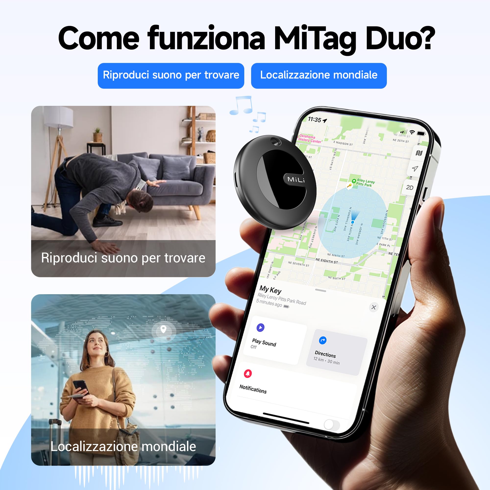 MiLi MiTag Duo Smart Tracker Tag, Localizzatore Bluetooth Compatibile Apple Dov'è e Google Funzioni Trova (iOS e Android), Trova Oggetti e Chiavi/Bagagli/Valigie/Zaini/Portafogli