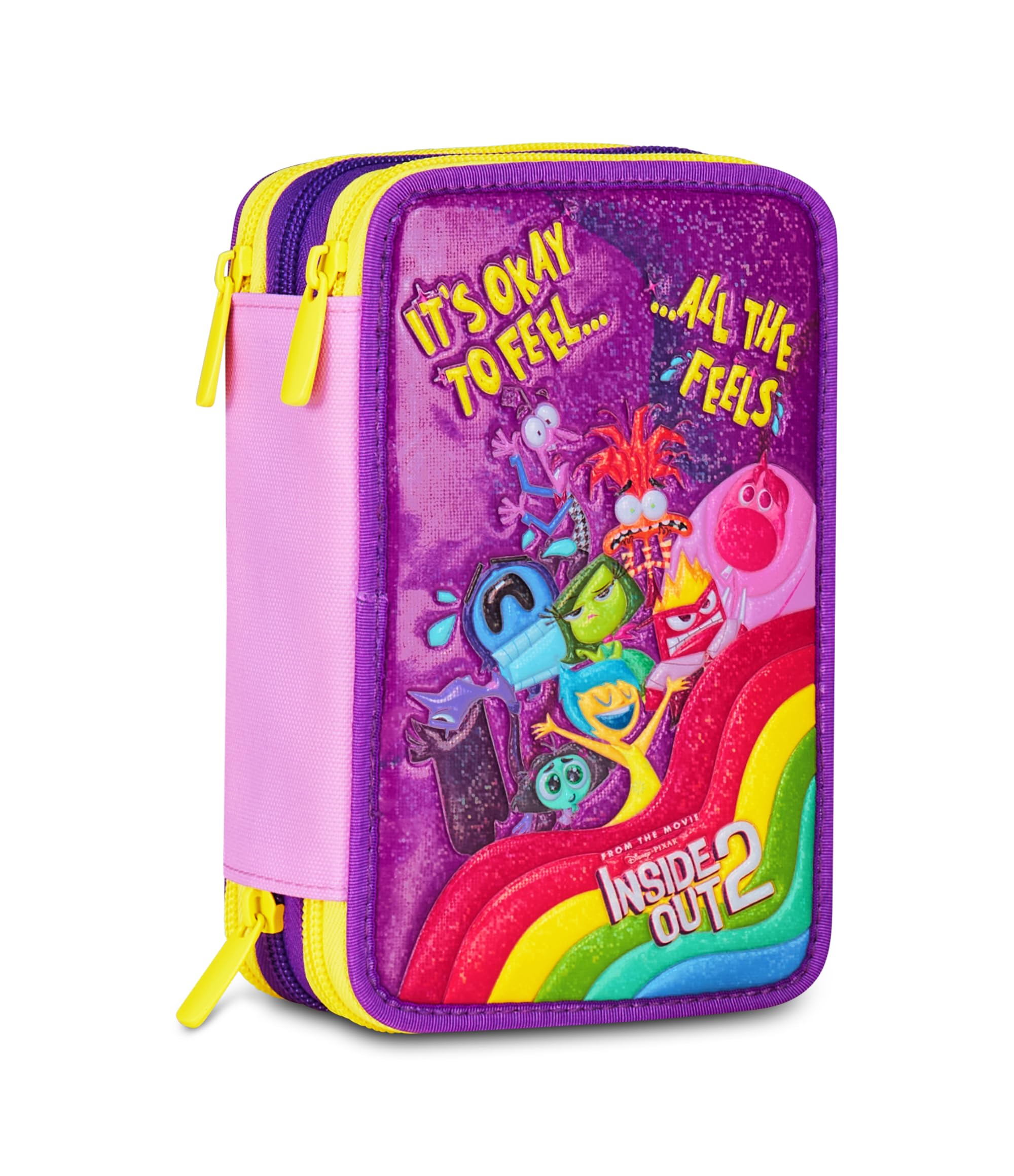 Seven Inside Out 2 Astuccio Scuola 3 Zip, Viola, Portapenne Triplo Scomparto Completo Di Penne, Matite, Colori, Accessori Zaino, Scuole Elementari, Bambina
