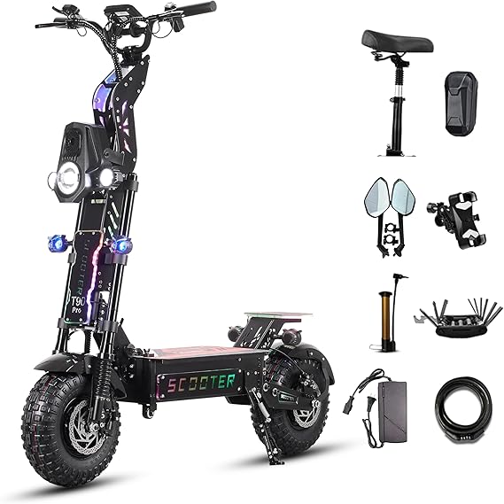 T90 Pro Electric Scooter for Adults, 10000W Dual Motor, 68 MPH Max Speed, 72V Removable Battery, 14" Off-Road Tires 800lbs Max Load, Music Light, Waterproof, 65 Mile Range, Fast E-Scooter