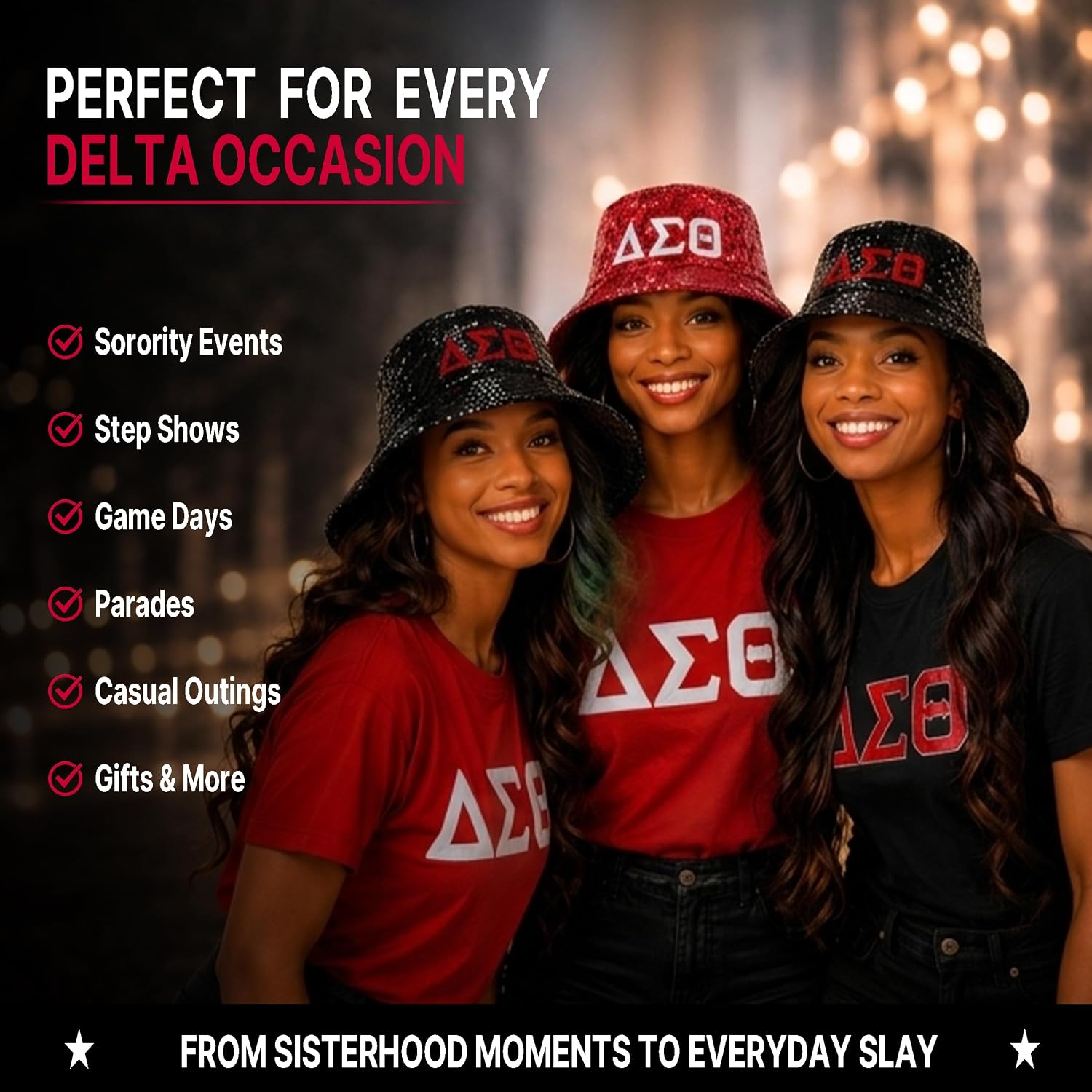 Officially Licensed Delta Sigma Theta Sorority Design Sequin Bucket Hat, Sparkle with Greek Letter(ΔΣΘ) Embroidery