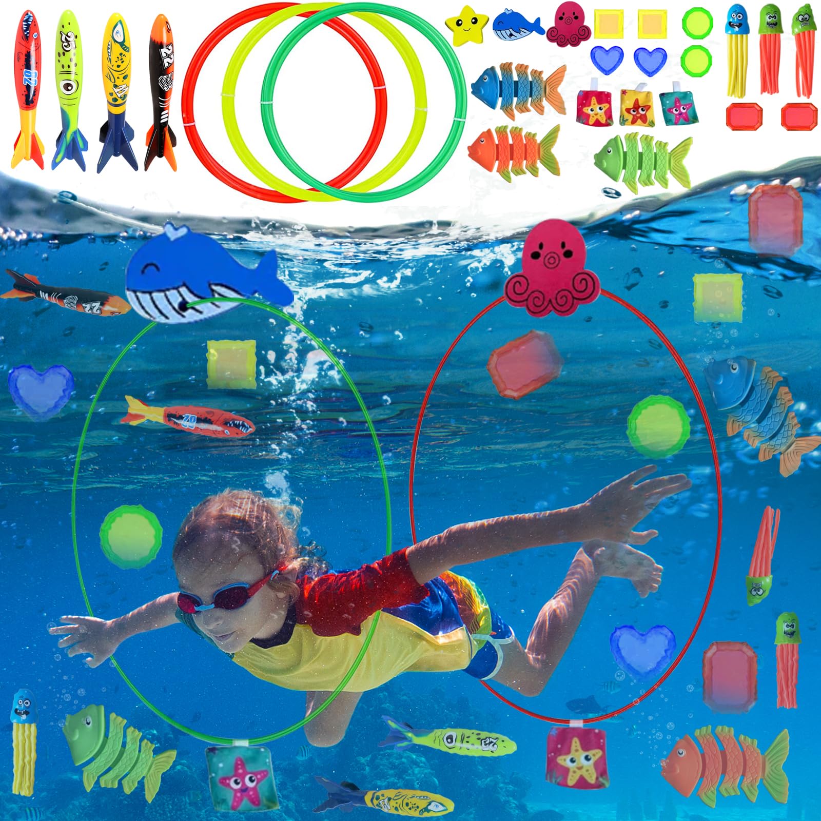 HuaMuDM 27pcs Juguetes Buceo Conjunto Juguete Buceo para Niños, Conjunto para Piscina, uguetes Buceo, Piezas Juegos Agua para Piscina, Juguetes Piscina para niños Juguetes Buceo