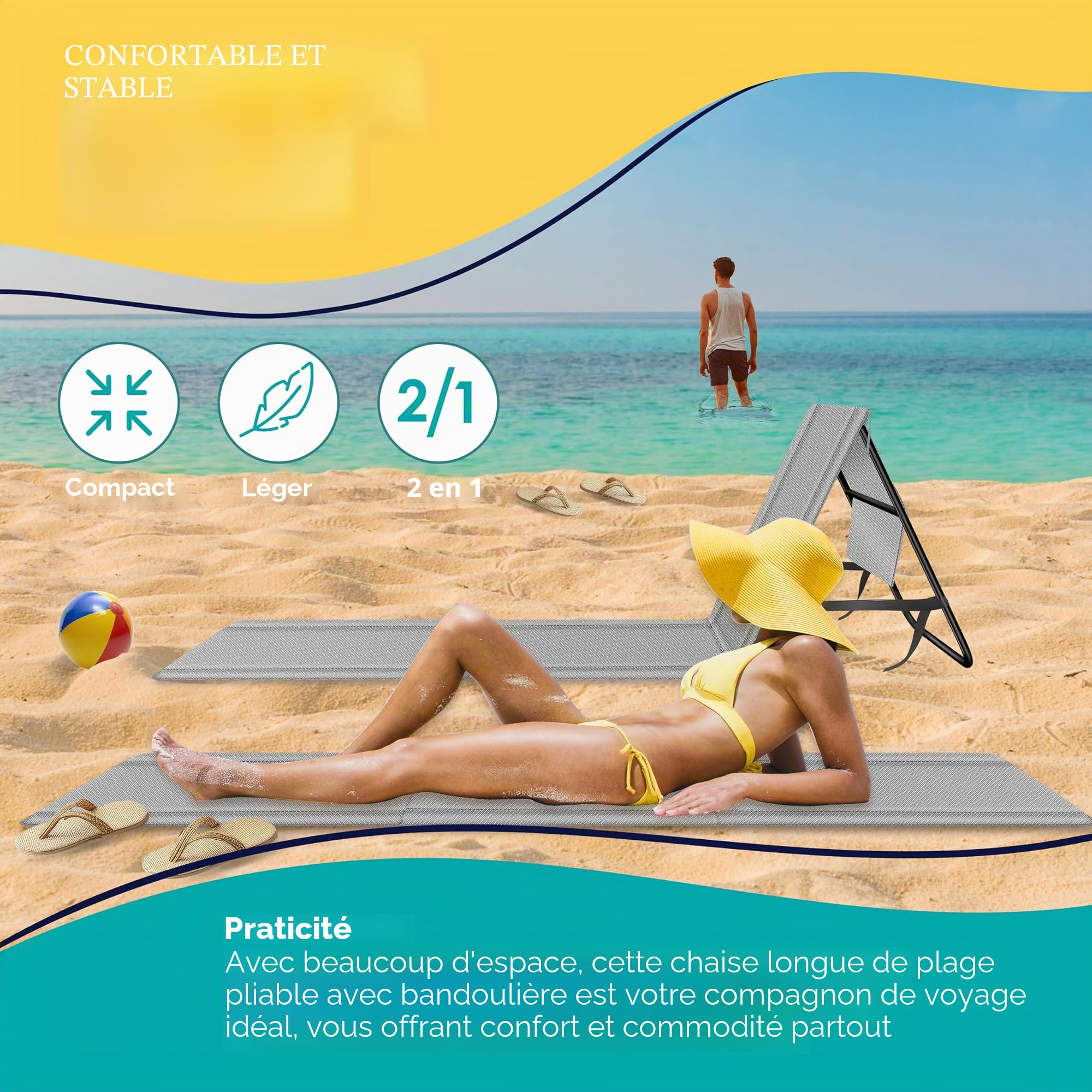 KESSER® Matelas de Plage Pliable avec Dossier réglable - Chaise Longue de Plage Pliable avec Sangle, Sac étanche & Rangement - Chaise Longue pour Plage, Jardin & terrasse 130 kg de Charge