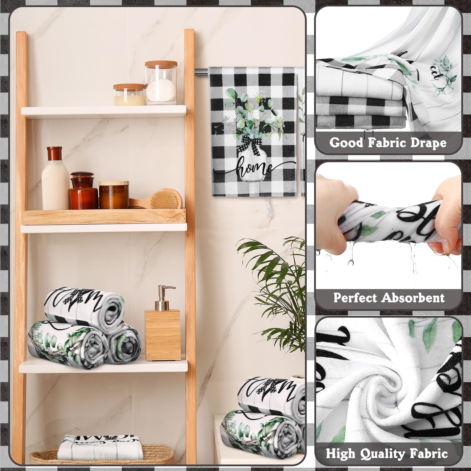 FuWeave Duschvorhang-Sets mit grünem Eukalyptus, für Badezimmer, Dekoration, Zuhause, rustikales kariertes Badezimmer-Zubehör, schwarz-weiß, Duschvorhang-Sets mit Handtüchern, Teppich, Badematte,