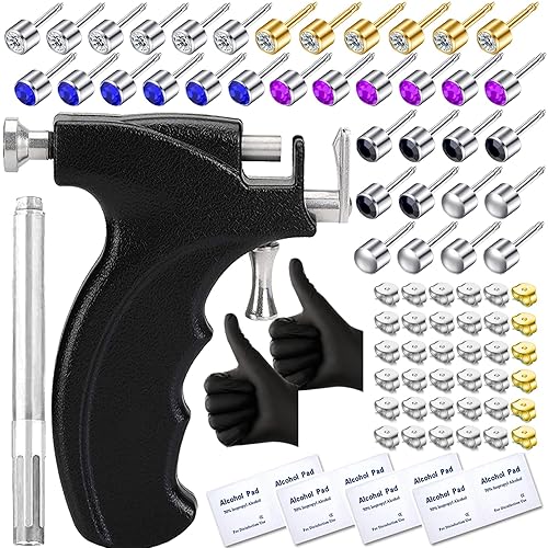 Kit profesional de perforación de oreja con 36 aretes de diamante y pistola de perforación de oreja negra, 8 almohadillas de alcohol para salón y