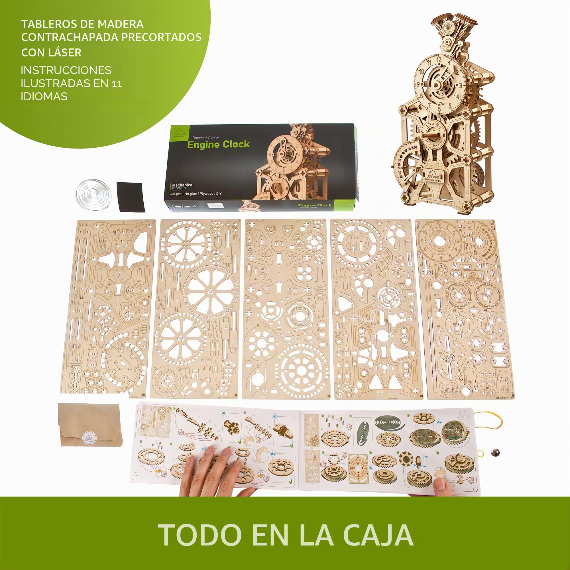 UGEARS Reloj de Motor Puzzle 3D Madera - Maqueta para Construir Mecánico con Diseño de Motor - Kit de Maqueta Madera 3D Reloj para Montar - Ideal para Aficionados de la Rompecabezas