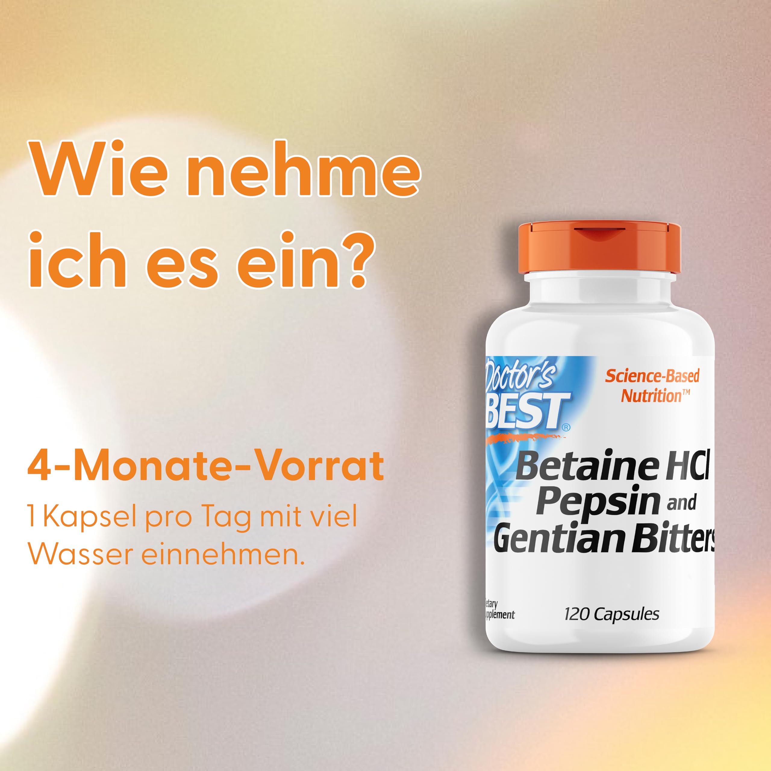 DOCTOR'S BEST Betain HCI mit Pepsin und Bitter-Enzian, 650 mg, 120 Weichkapseln, Hochdosiert, Laborgeprüft, Sojafrei, Glutenfrei, Ohne Gentechnik, 113 g