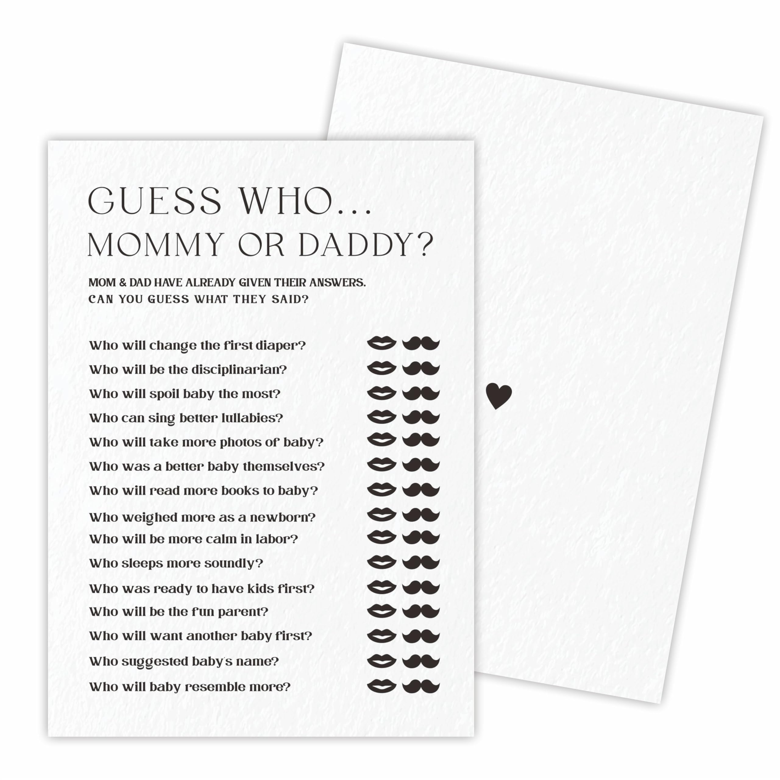 Tabyon Guess Who Mommy Or Daddy Game Cards for Baby Shower - Minimalist White Baby Shower Games – 30 Fill In Styled Thick Game Cards For Boy Girl - Gender Reveal Party Suppliers - A03