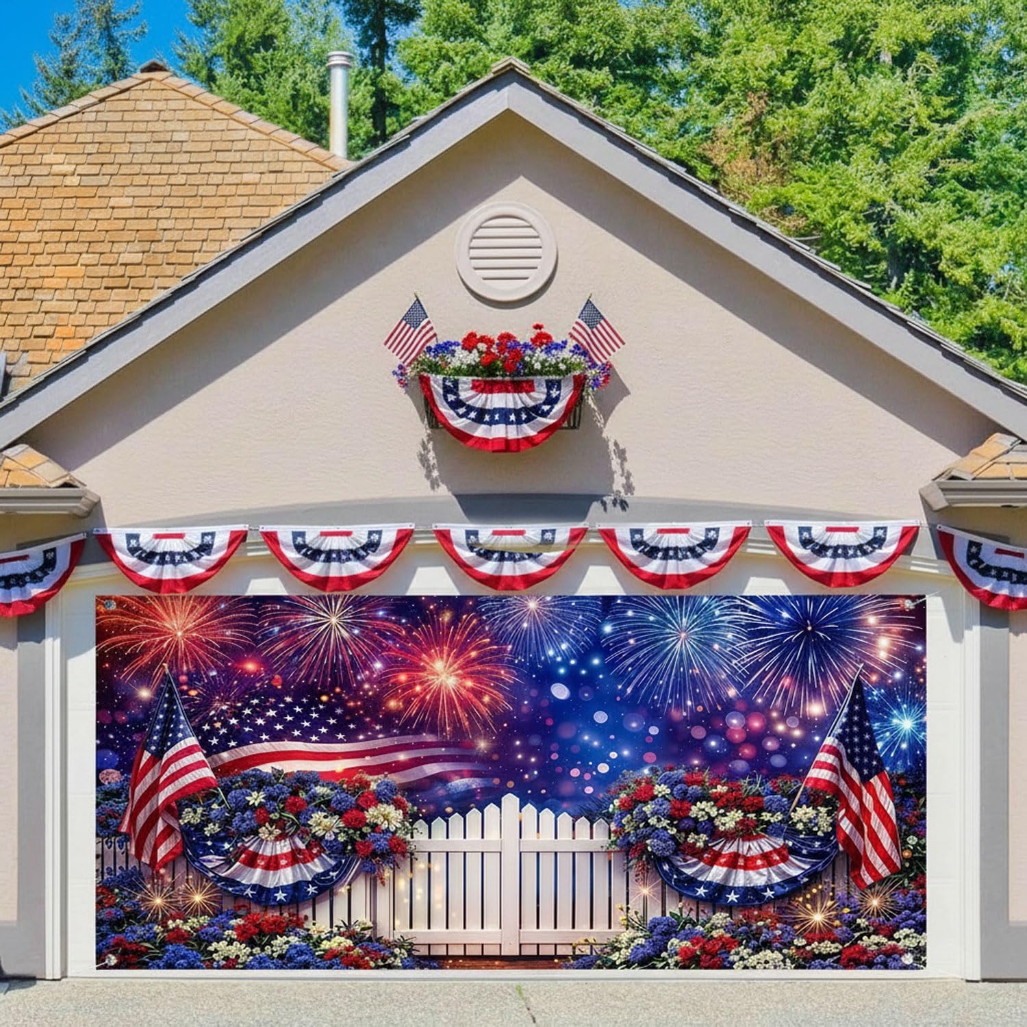 16X7FT 4th of July Garage Door Cover Decorations, American Independence Day Garage Buddy Background, USA Flag Fireworks Memorial Presidents Day America 250 Years Wall Window Yard Decor