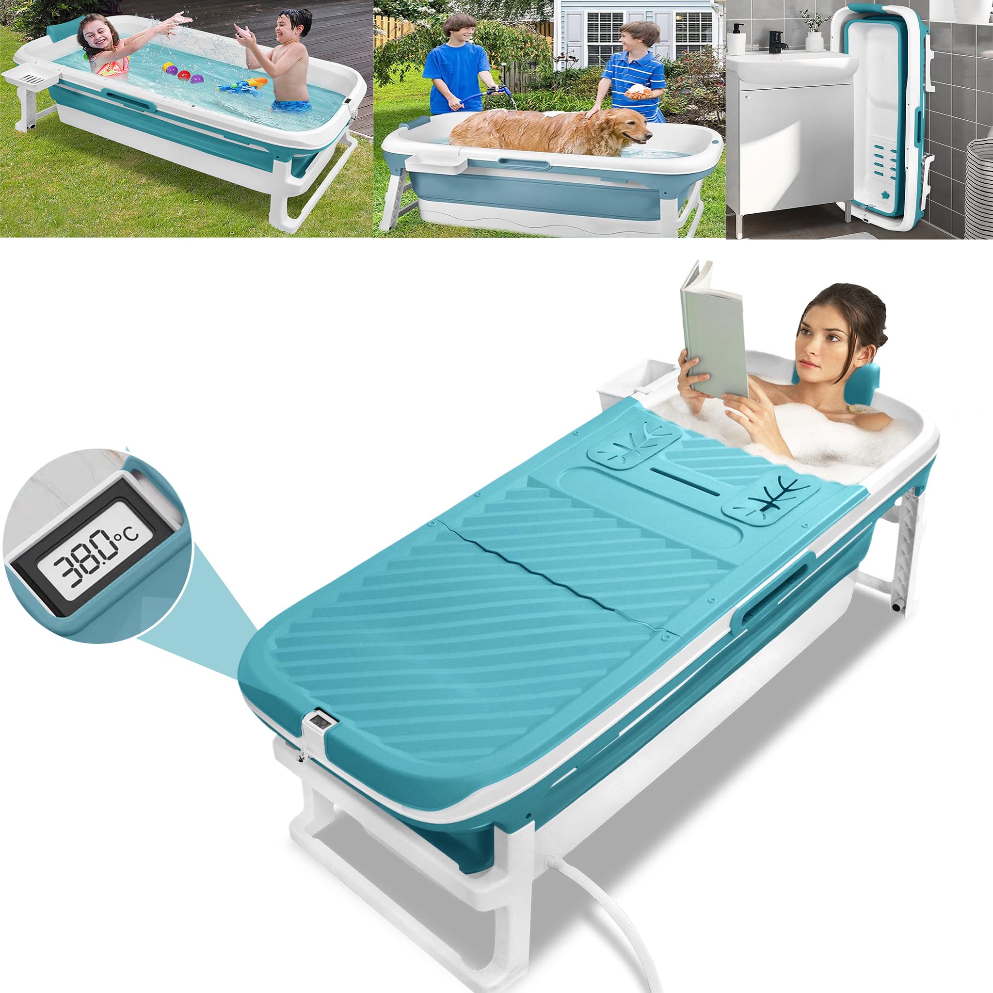 LARS360 Badewanne Erwachsene Faltbare 149 x 64 x 54 cm Klappbare Mobile Badewanne mit abnehmbare Abdeckung, Thermometer, Massagerollen Lagerregal, Kissen, Blau