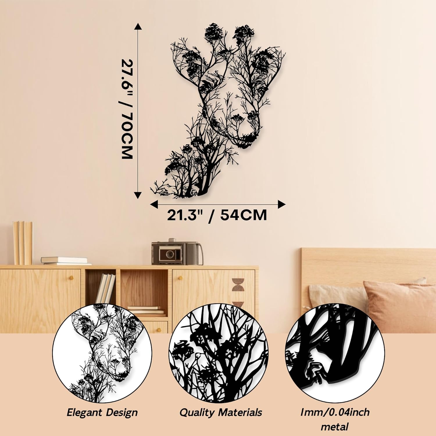 Rajukit Giraffe Wall Art,Large Metal Animal Wall Decor with Tree Silhouette, African Wildlife Home Decor, Extra Wide Nature Wall Sculpture
