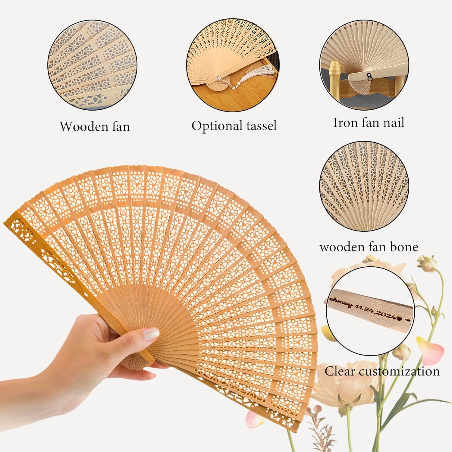 Generic Wedding Fans Custom Wooden Hand Fan Personalized Folding Hand Fans with Organza Bags and Tassels Summer Wedding Party Favor Abanicos De Mano Wedding Fans for Guests (100)