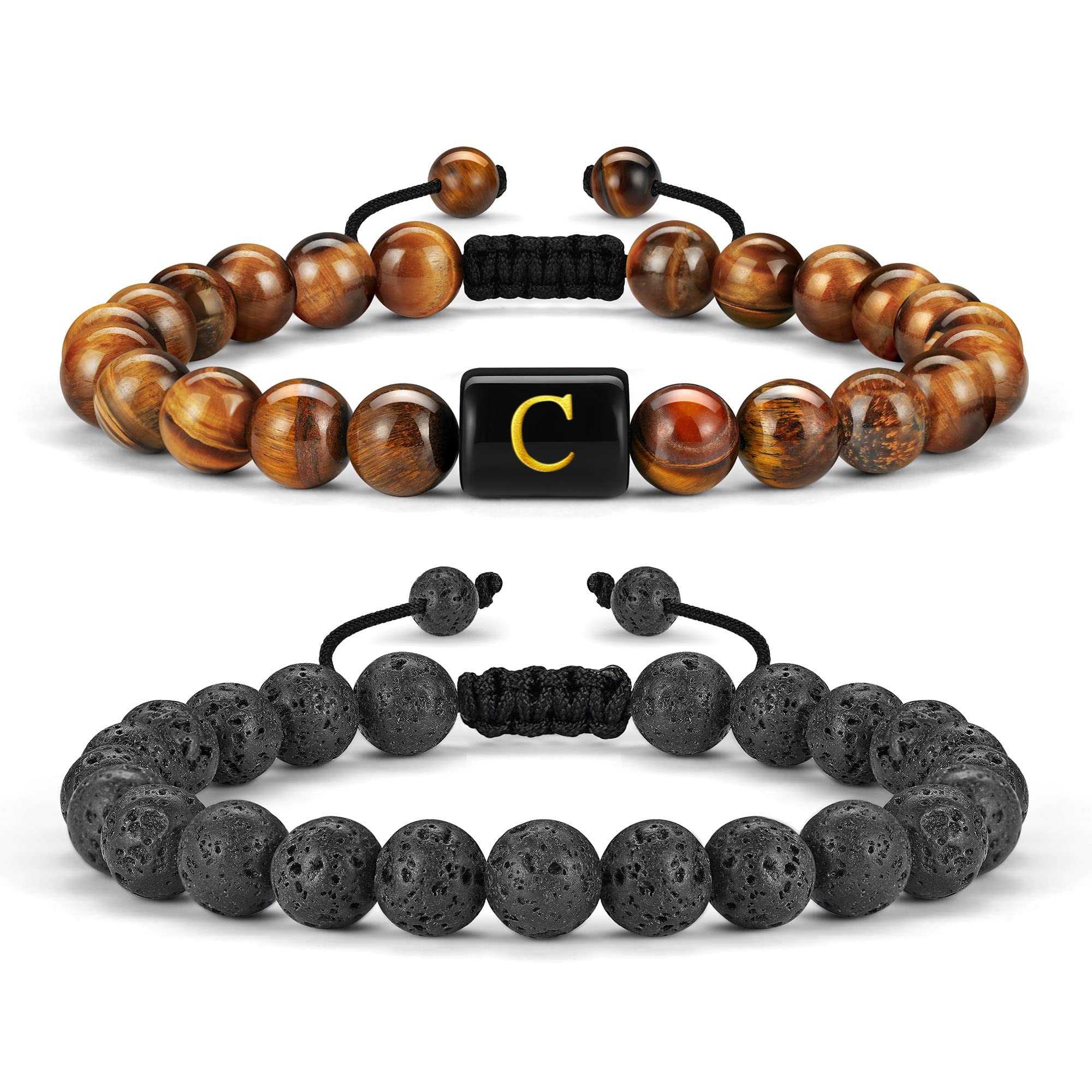 FOCOOGInitial Beaded Bracelets for Men, 8mm Natural Stone Beaded Bracelets for Men Adjustable Mens Beaded Bracelets Yoga Stress Relief Anxiety Bracelets Mens Jewelry Mens Gifts for Father Husband