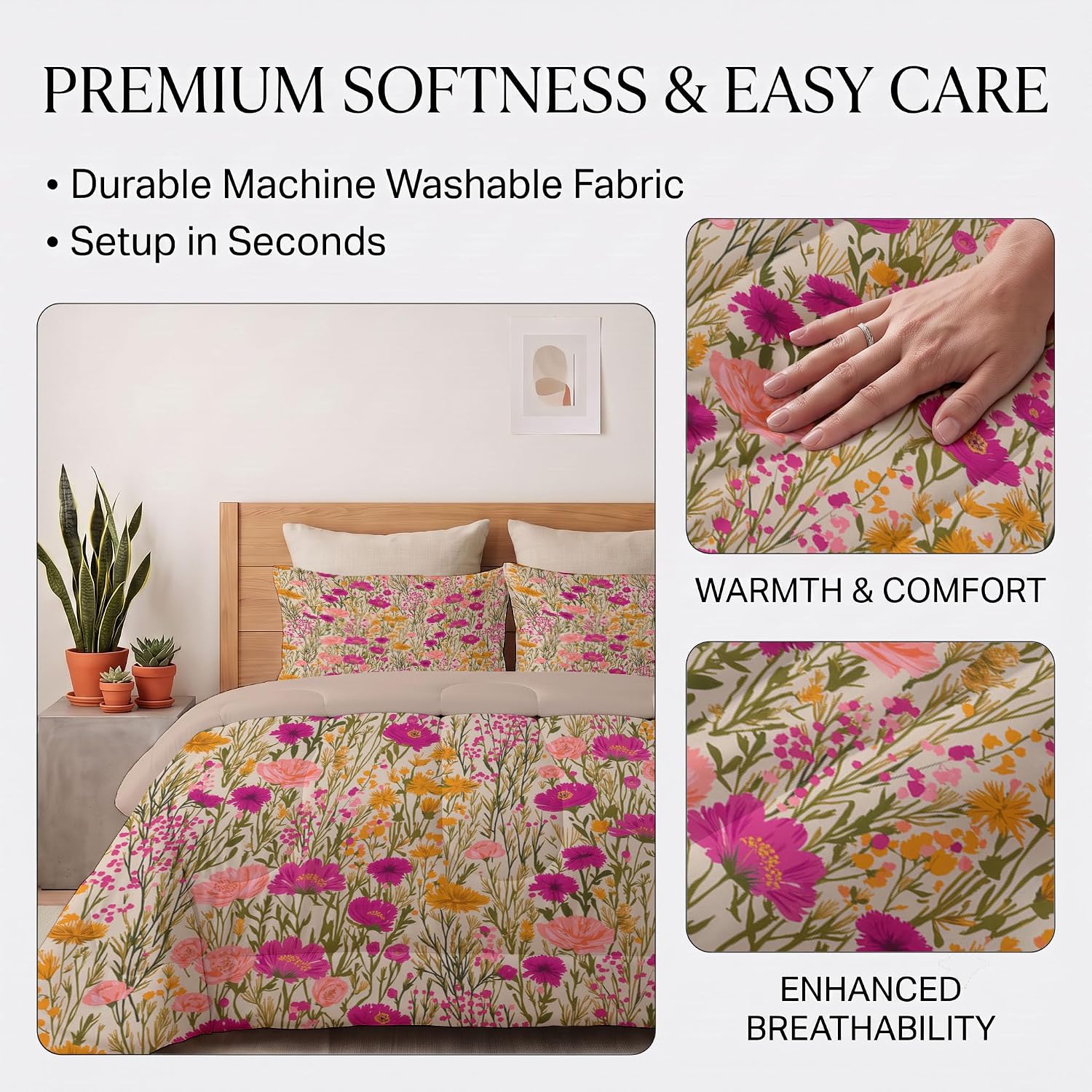 Plants and Flowers Comforter Set Full Size, Floral Branches and Leaves Bedding Set for Girls Boys, Rose Pink Quilt Bed 79"X90" Bedding Comforter Sets with 2 Pillowcase Room Decor