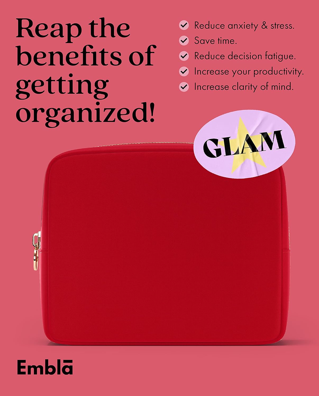 Embla Makeup Bag Travel Cosmetics Pouch and Toiletry Bag, Nylon Zipper Pouch Purse, Cute Make Up Organizer Storage Tote for Women Girls, Waterproof Travel Skincare Case, Small Makeup Bags, Ruby Red - Image 6