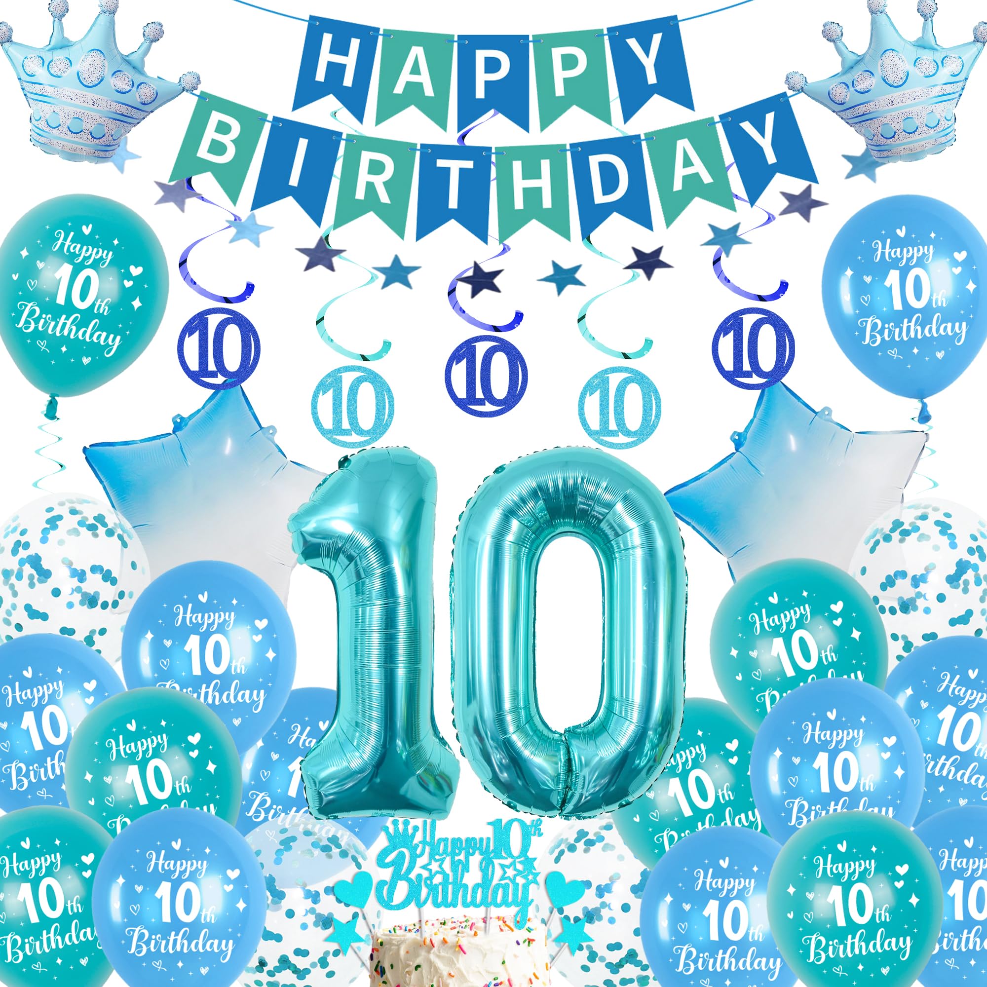 Xietaea Deko 10. Geburtstag Junge Blau - 10 Geburtstagsdeko Luftballons Happy Birthday Girlande Tortendeko, Riesen Zahlenballon und Konfetti für 10 Jahre Party Dekoration Jungen