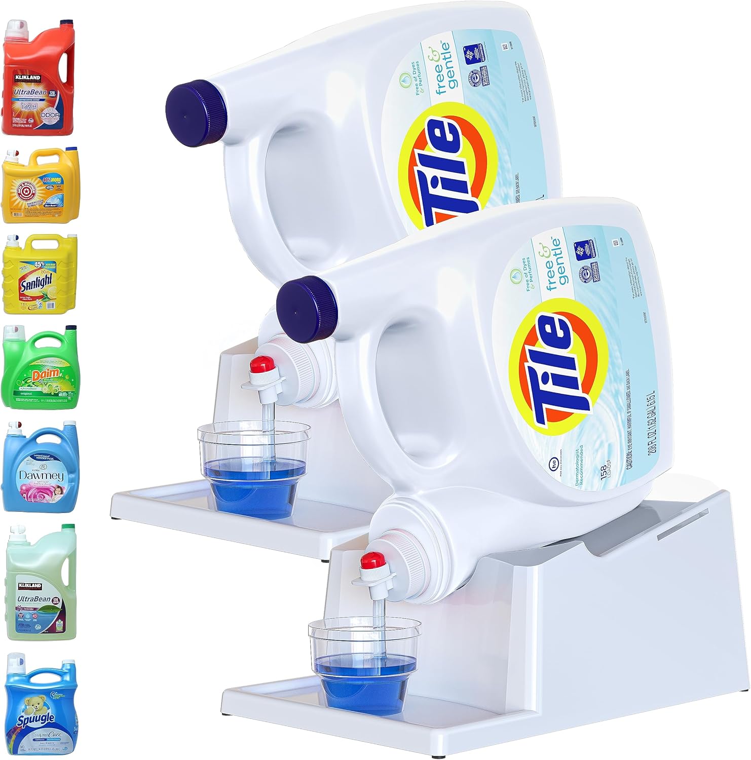 TidyFriend 2 Pack Liquid Laundry Detergent Holder Stand with Strap, Drip Tray & Rubber Feet, Stand for Laundry Room Organization and Storage, Fabric Softener Dispenser Holder for Easy Pouring (White)