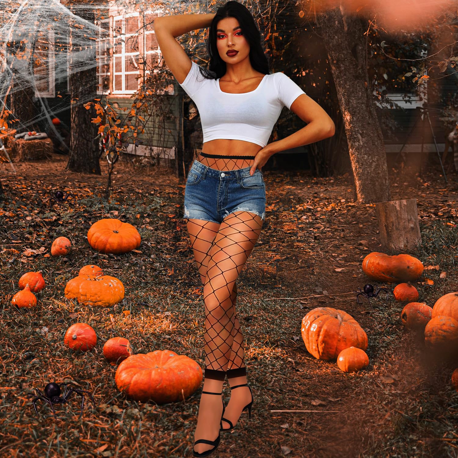Womens Footless Fishnet Tights High Waisted Fishnet Stockings No Toes Pantyhose for Festival Cosplay Halloween X-Large Net - Image 4