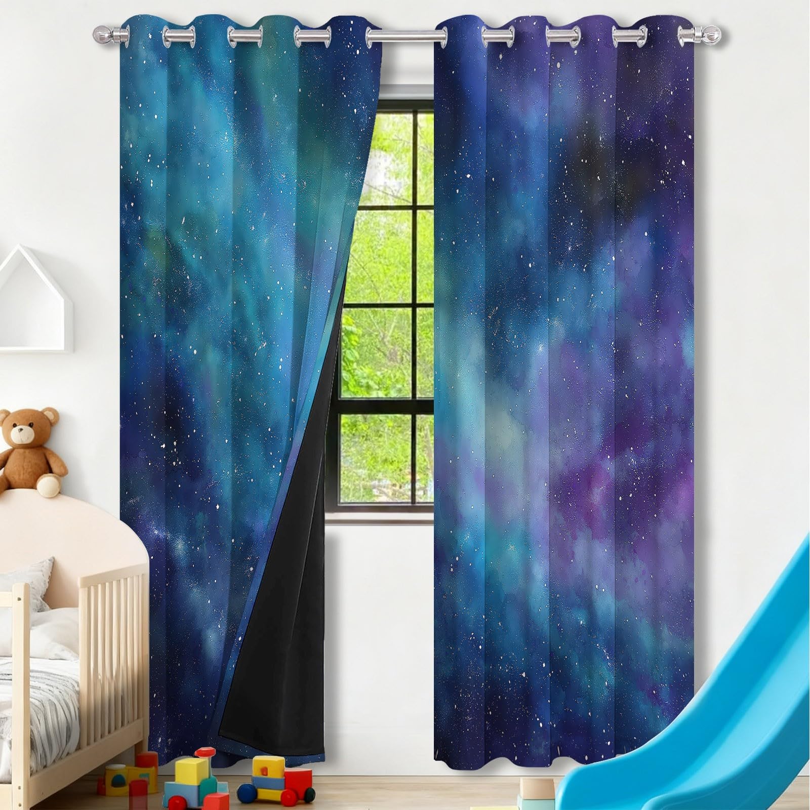 Bedruckte Blickdichte Vorhänge Blau, Galaxie Aquarell Universum Sterne Muster Wärmeisoliert UV-Schutz Vorhänge mit Ösen - H 175 x B 140 cm (2er Pack) Farbecht Vorhang für Wohnzimmer Schlafzimmer