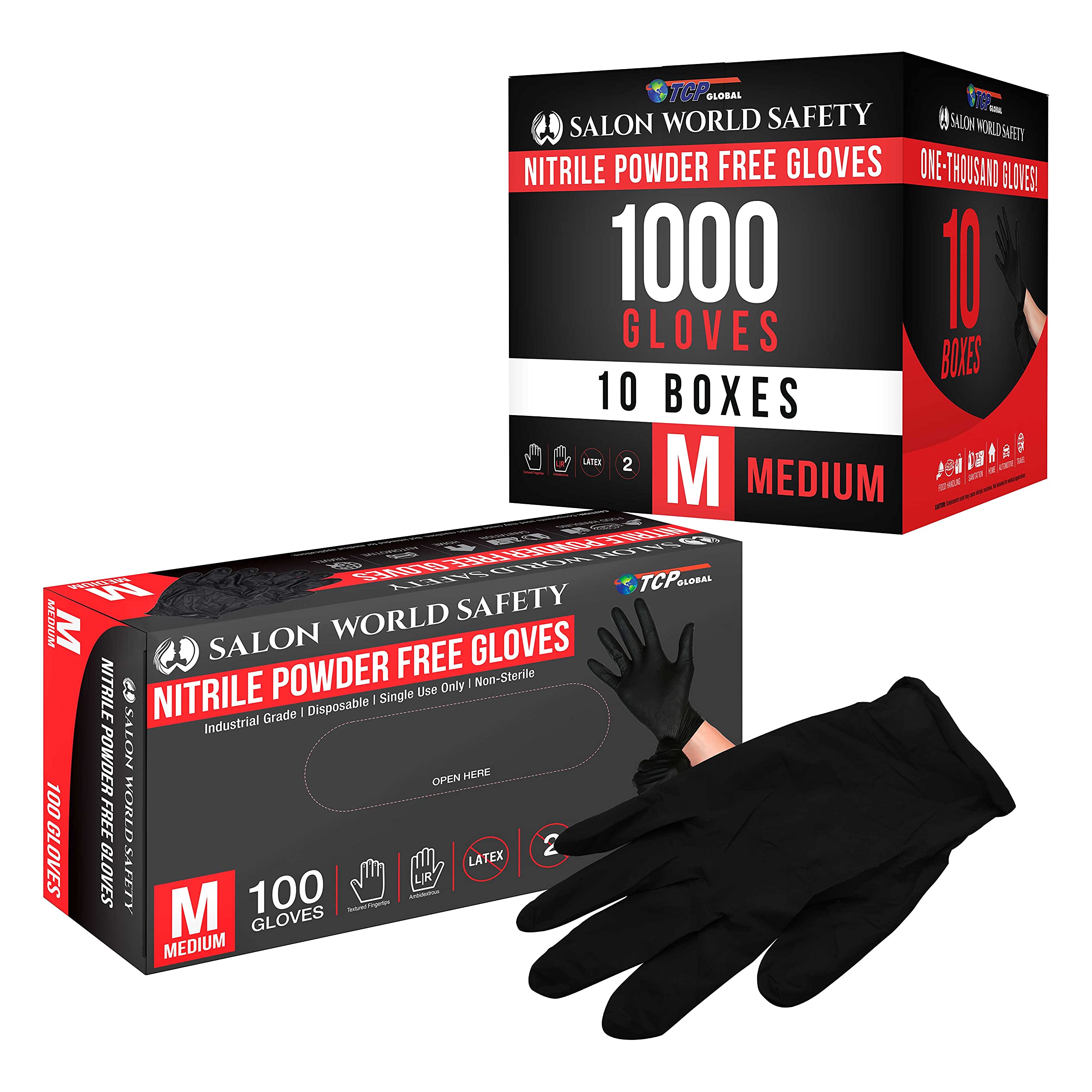 Salon World Safety Guantes desechables de nitrilo negro, 10 cajas de 100, tamaño mediano, 5.0 mil, sin látex, texturizados, aptos para alimentos
