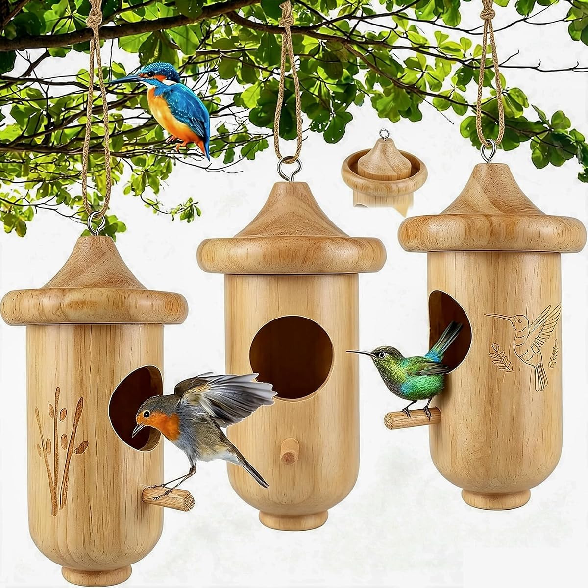 Casa para colibríes, Casas para colibríes para anidación exterior con comedero para pájaros | Nido de colibrí de madera pequeño de 3 uds, regalos de jardín, casa de colibrí, casita para pájaros para exteriores, decoración del hogar con cuerdas de cáñamo