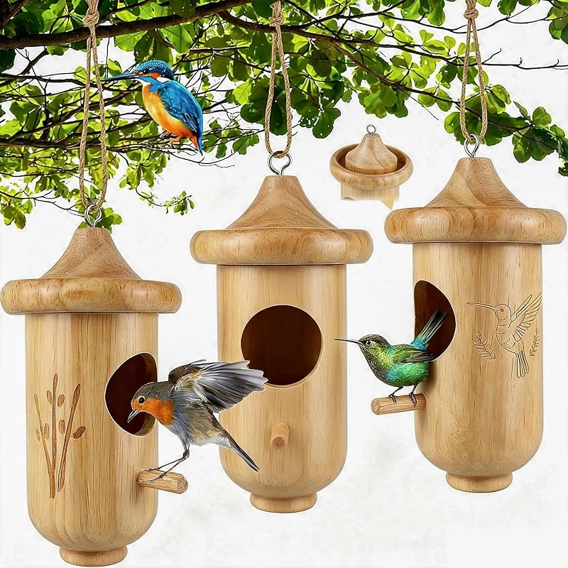 Casa para colibríes, Casas para colibríes para anidación exterior con comedero para pájaros | Nido de colibrí de madera pequeño de 3 uds, regalos de jardín, casa de colibrí, casita para pájaros para exteriores, decoración del hogar con cuerdas de cáñamo