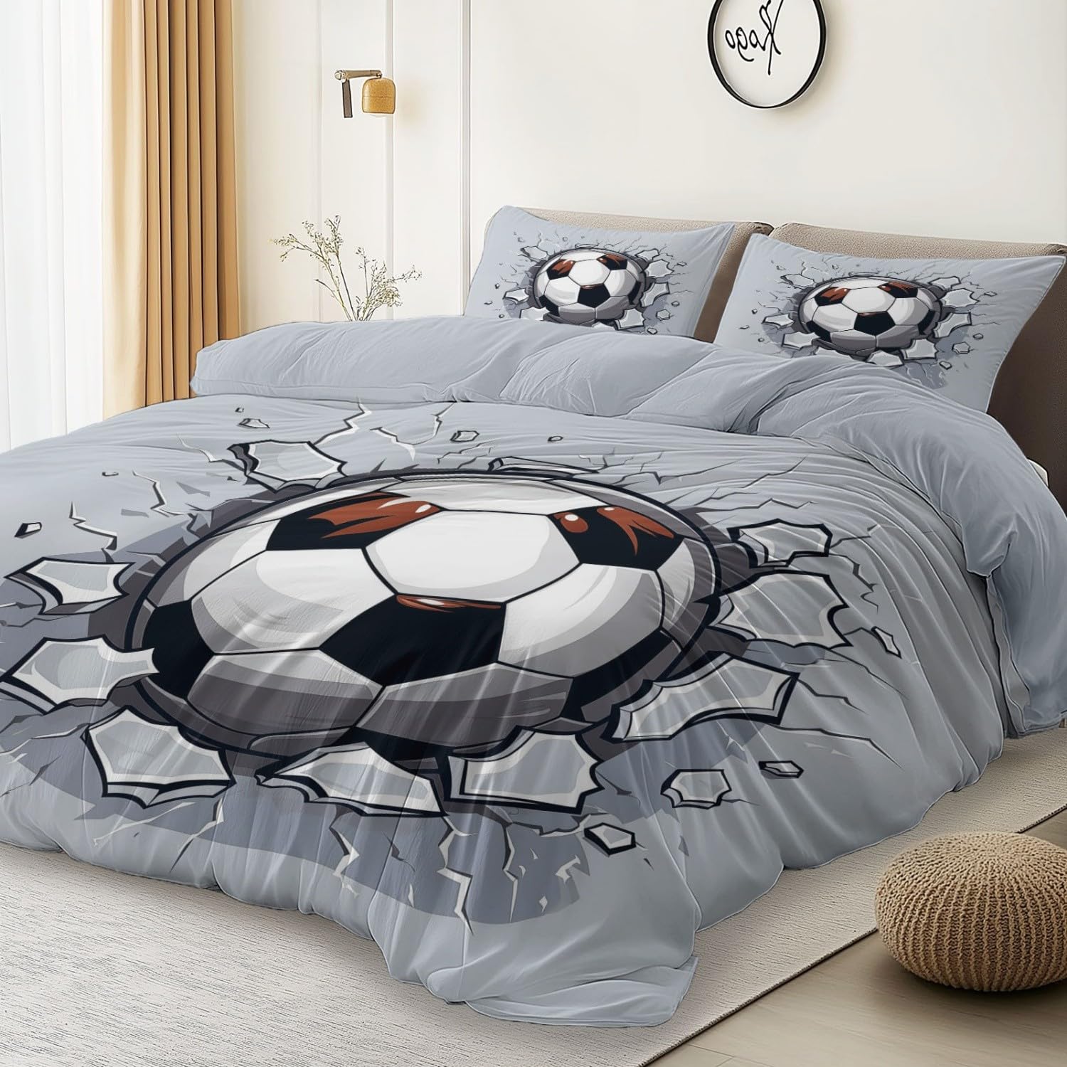Bettwäsche 220 x 240 cm, Wende Bettbezug Set für Kinder Jungen Mädchen, Schwarz Weiß Bequem Atmungsaktiv Einfache Pflege Cartoon Fußball Crack Grunge Sport Bettwäsche Set