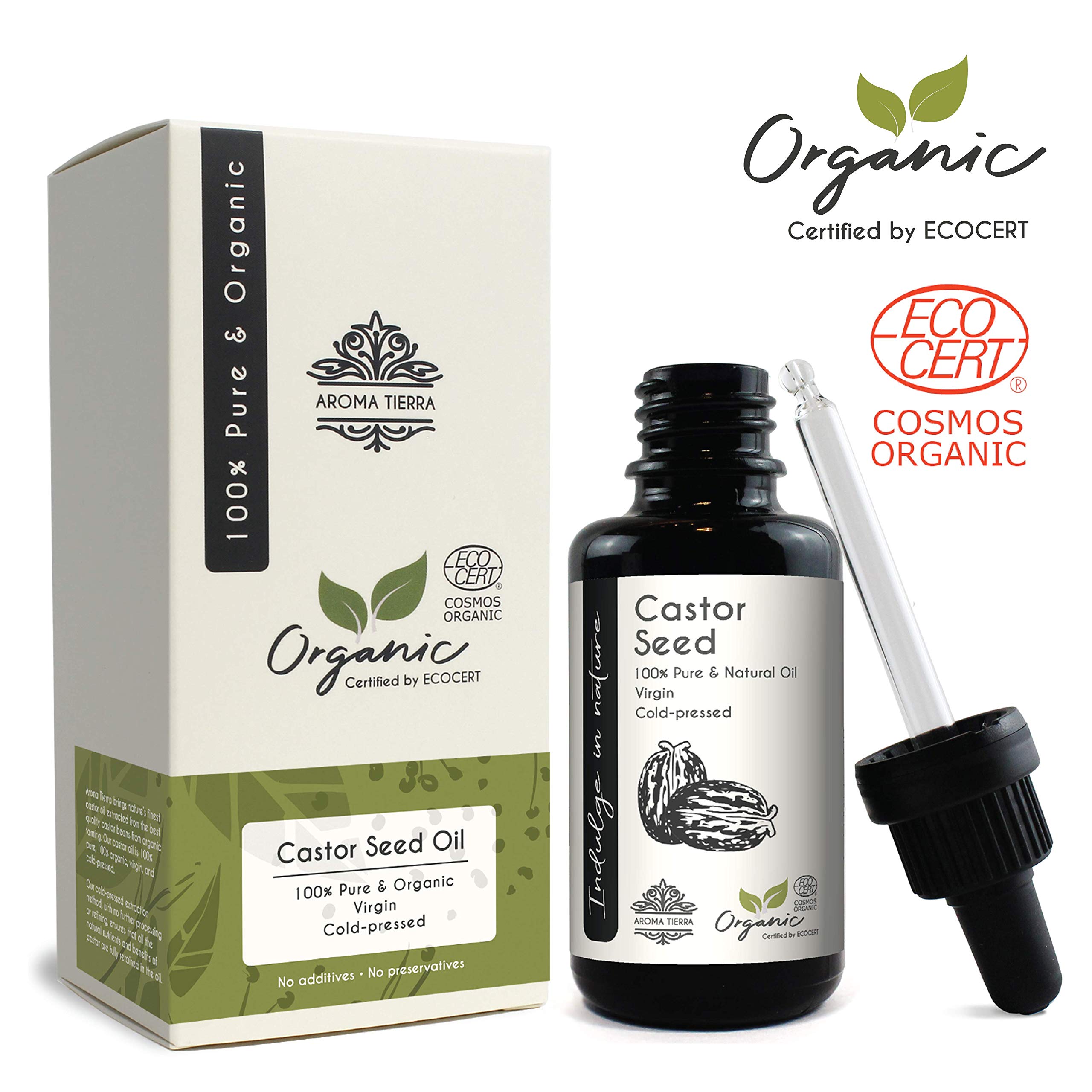 Aroma Tierra Castor Oil (Castor Seed) - 100% Pure, Organic, Cold Pressed, Hexane Free - For Hair Growth, Skin, Beard, Eyelashes, Eyebrows, Joint Pain - 30ml