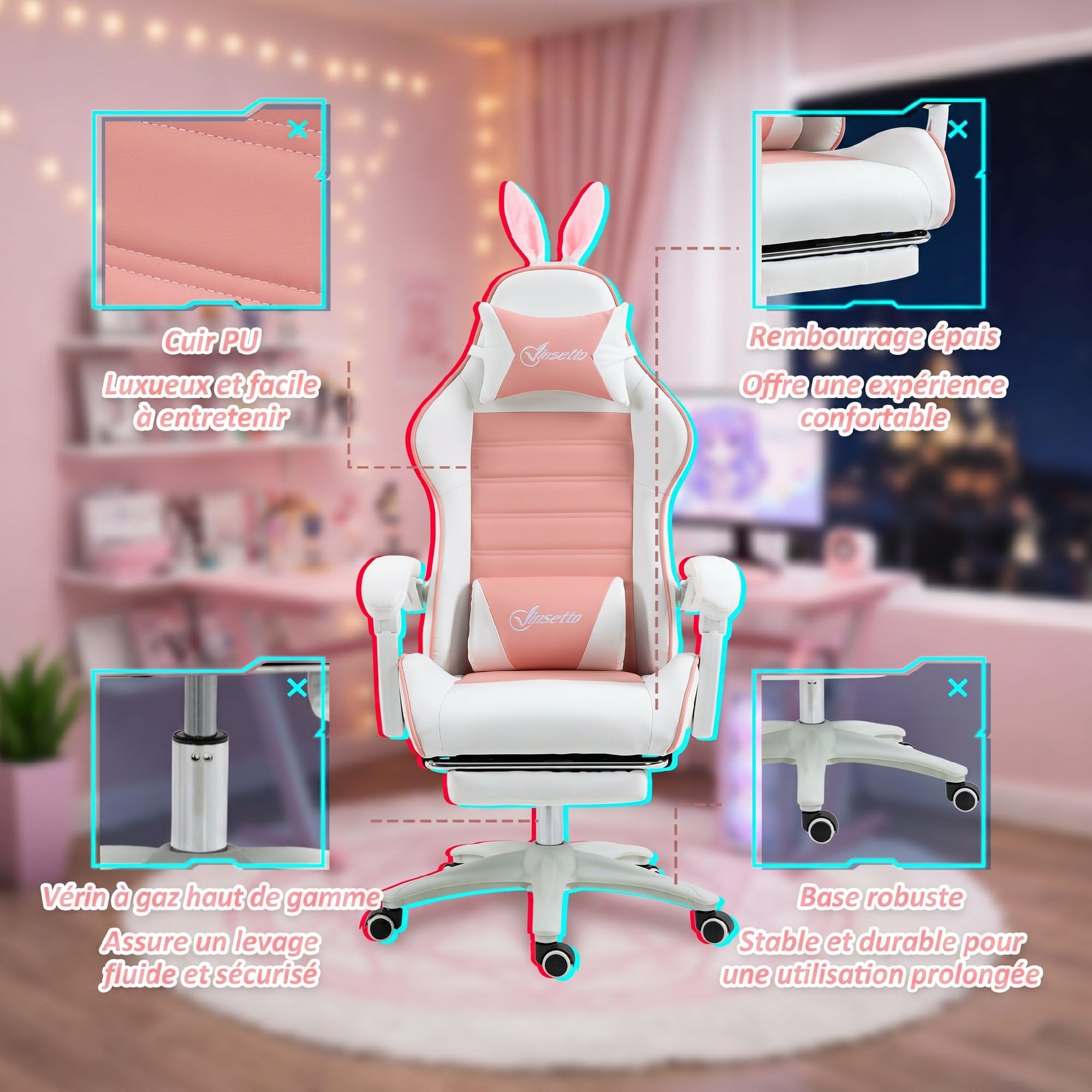 Vinsetto Chaise Gaming Fauteuil Gamer Dossier Inclinable Rose