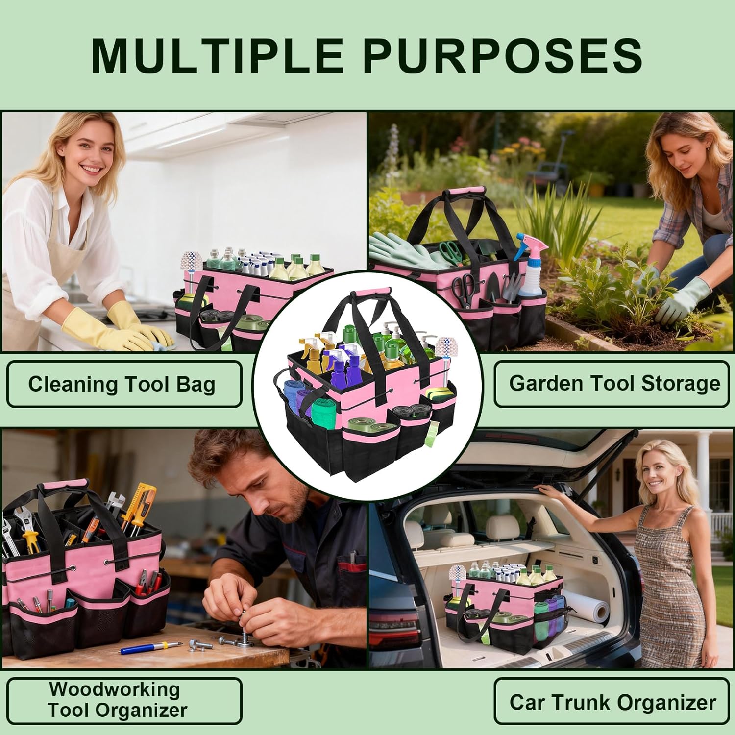 Large Cleaning Caddy Bags, Cleaning Caddy for Cleaning Supplies, Caddy Organizer with Handle & Adjustable Shoulder, Cleaning storage Bags for Housekeepers, Home, Car (Pink)