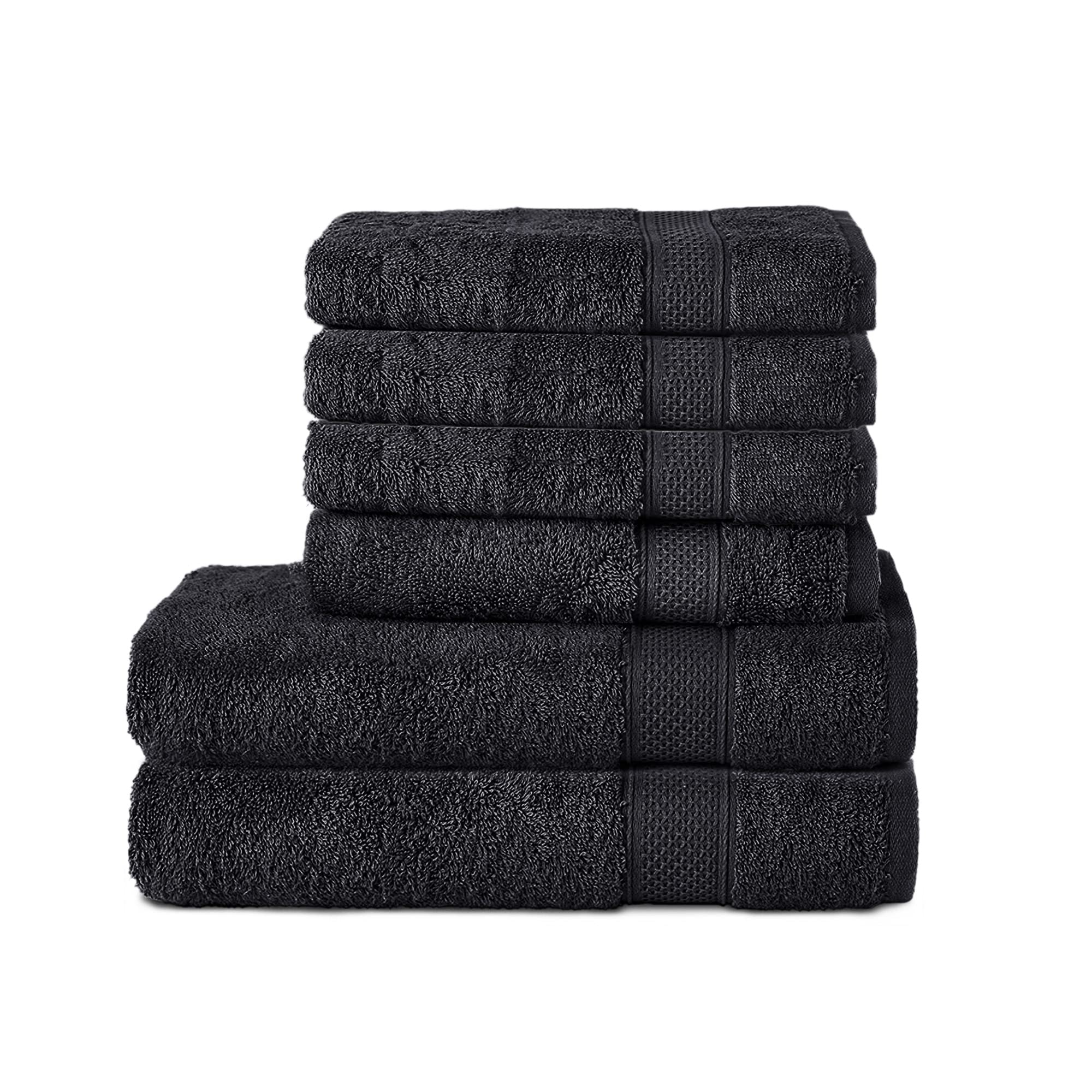 Komfortec Set of 6 Hand Towels 100% Cotton, 2 Bath Towels 70 x 140 cm and 4 Hand Towels 50 x 100 cm, Terry Towelling, Soft, Black