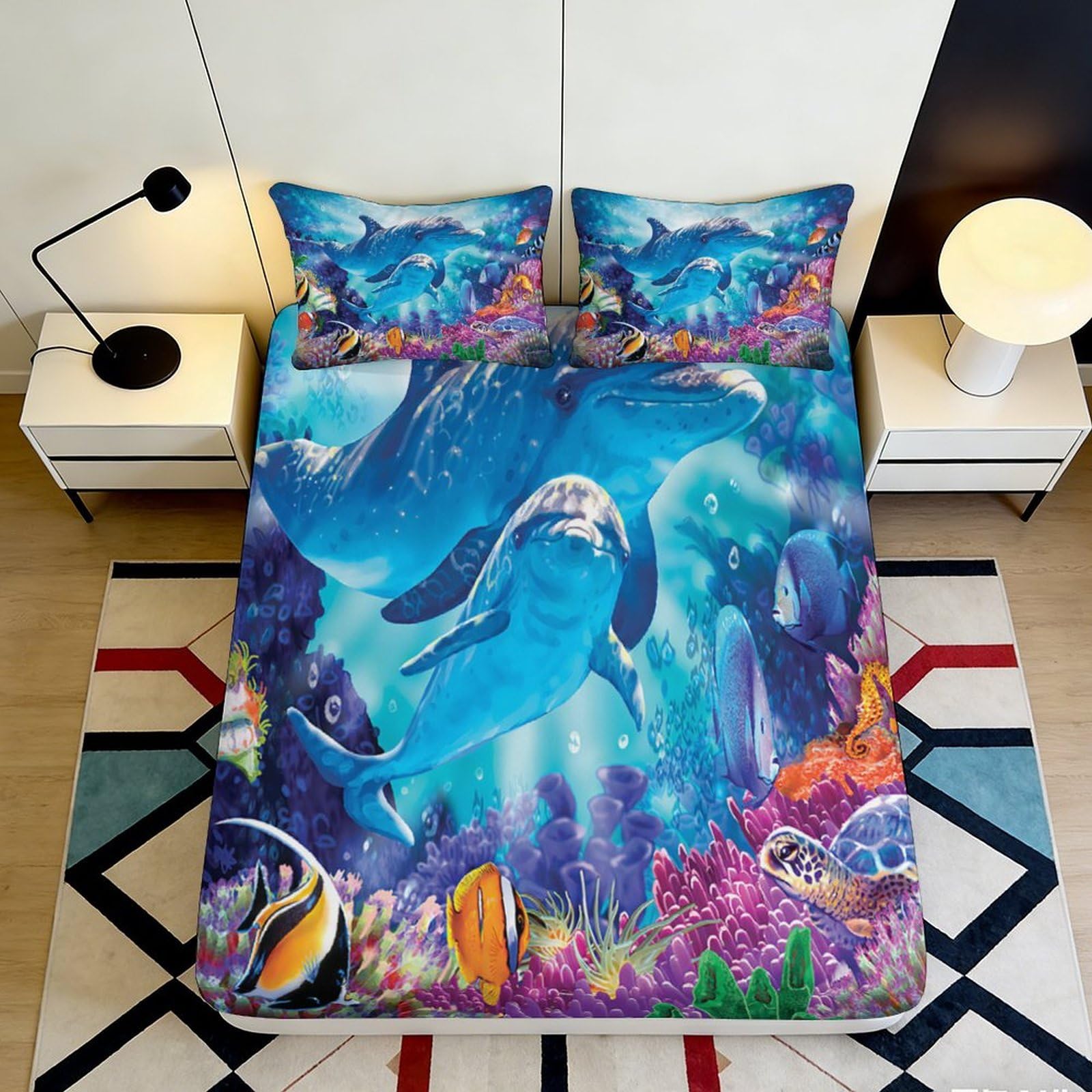 3D Printed Ocean Dolphin Fitted Sheet Microfiber Soft Colorful Underwater Coral Mattress Cover for Bedroom Guest Room 180x200x25cm