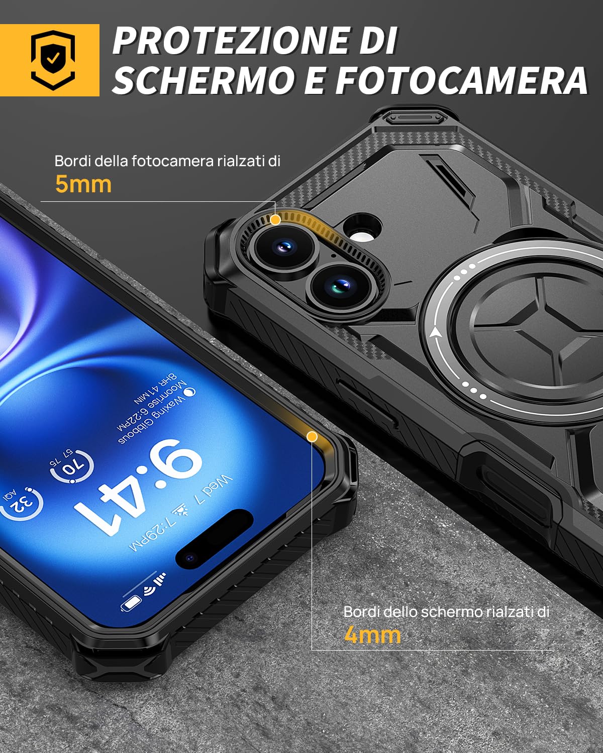 Lanhiem Cover per iPhone 16 con 2 Pezzi Vetro Temperato, Antiurto Anticaduta Militare,Supporto Magnetico Anello a 360° Protezione Armor Protezione, Custodia per iPhone 16, Nero