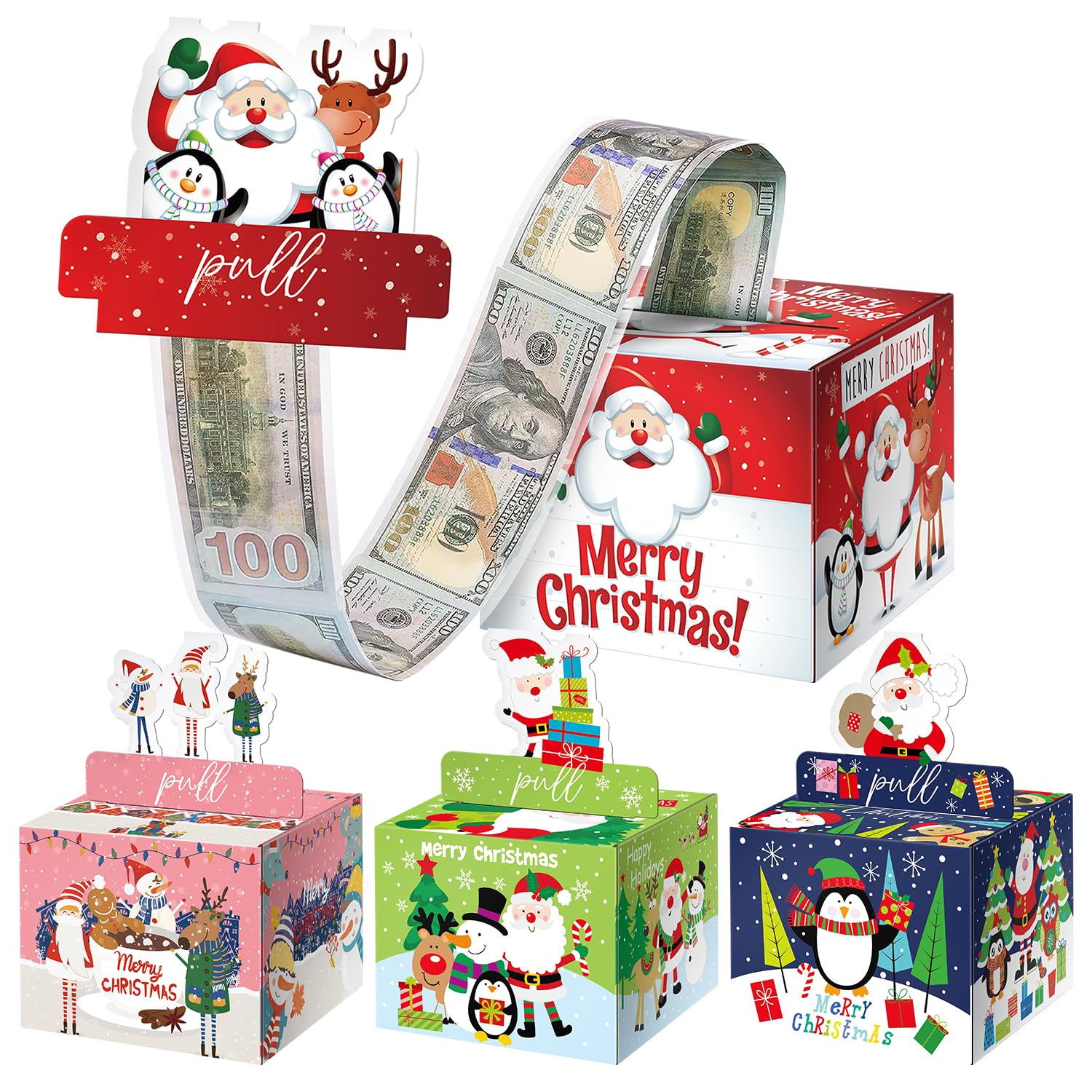 4PCS Christmas Surprise Money Box for Cash Gift, Merry Christmas Money Gift Box with Card Holder for Kids Adults, DIY Fun Holiday, Includes 200Pcs