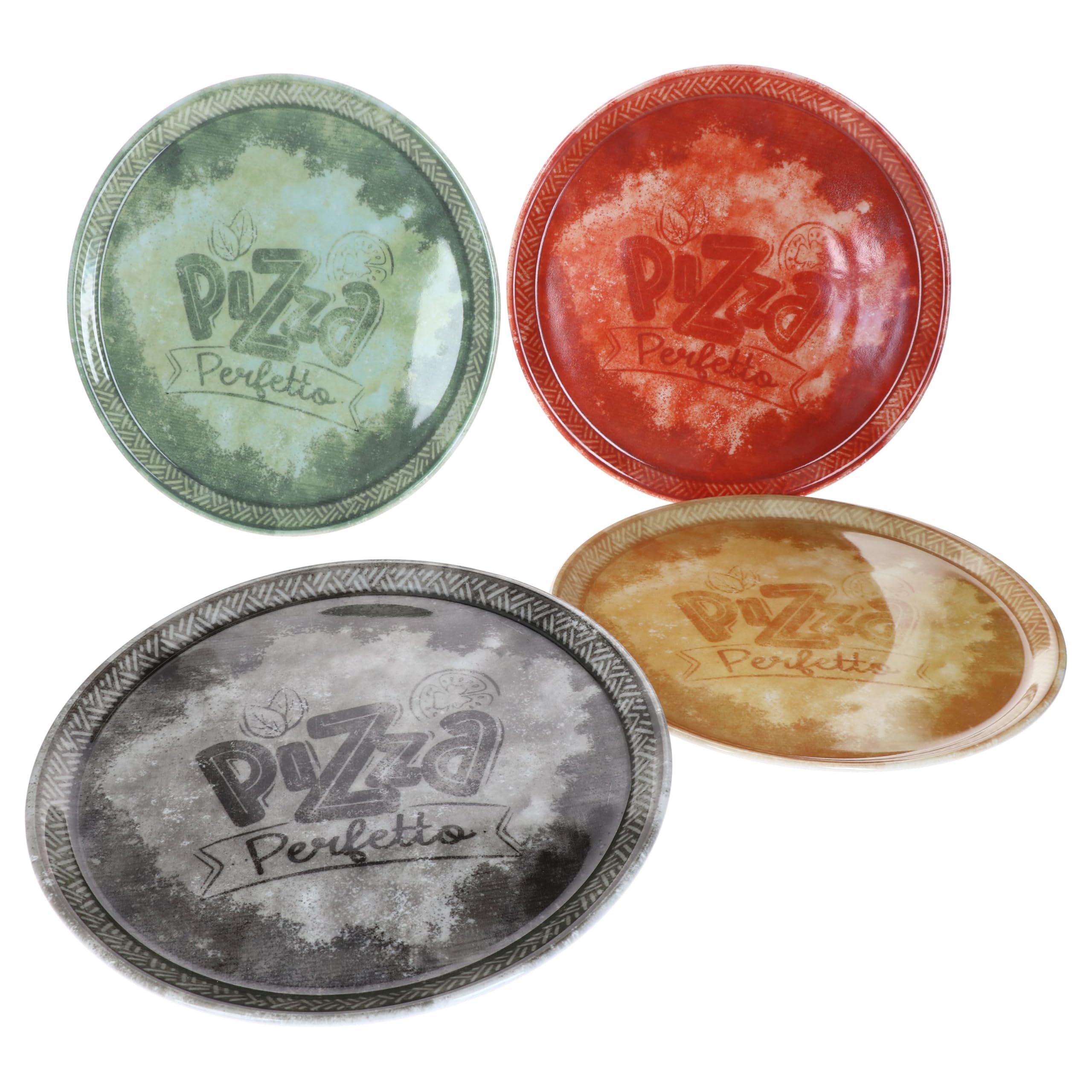 MamboCat 4tlg Set Perfetto Pizzateller Ø 31,5 cm I Porzellan-Teller je 1x in Gelb, Grün, Rot & Schwarz I ideal für Pizza, Flammkuchen & mehr I große Servierplatte mit Dekor & Schrift