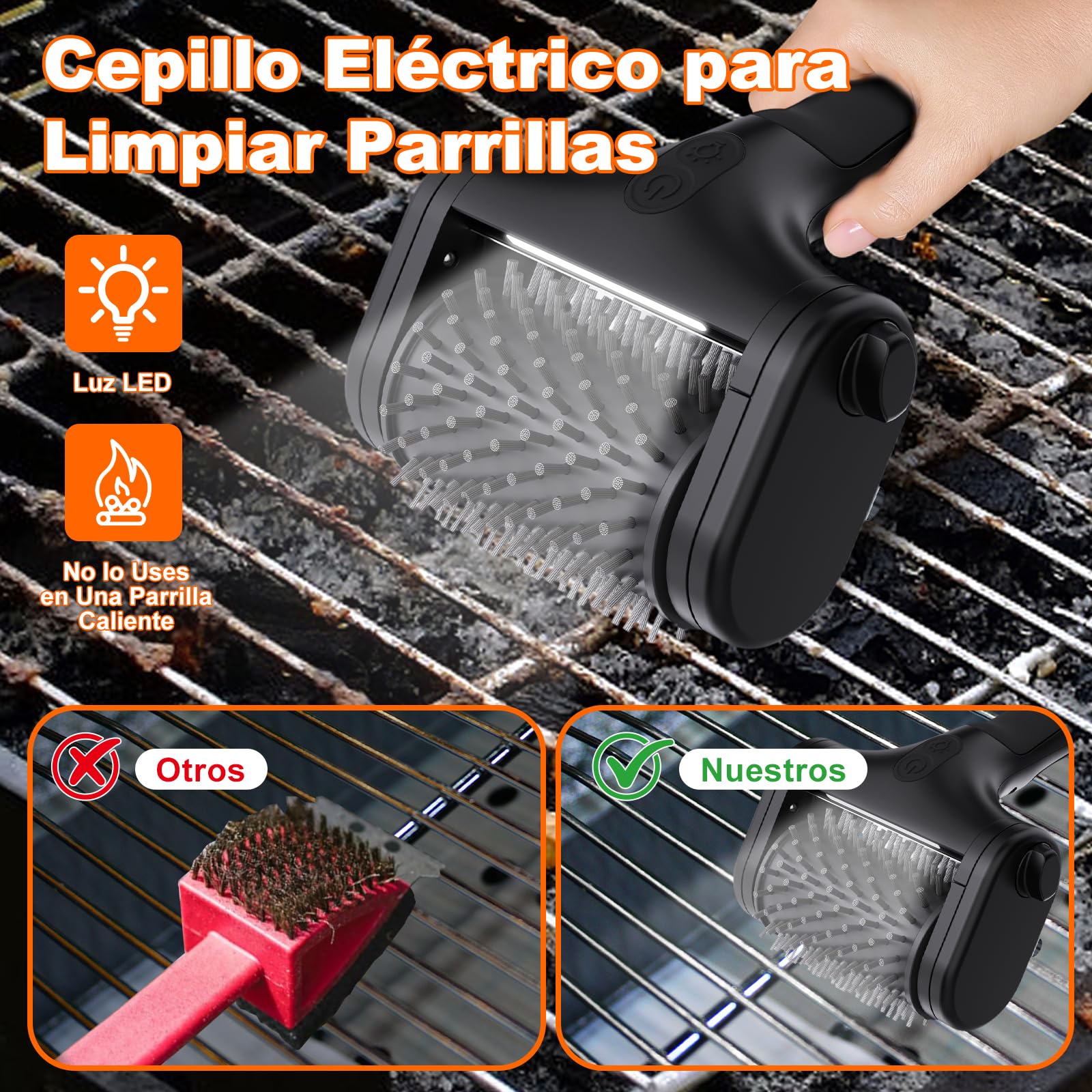 Cepillo Barbacoa,2 Velocidad (590 RPM, 1000 RPM) Incluye Dos Cabezales, Iluminación LED Cepillo Electrico Limpieza Hogar Recargable, Apto para Todo Tipo De Cepillos Eléctricos para Barbacoa (Negro)