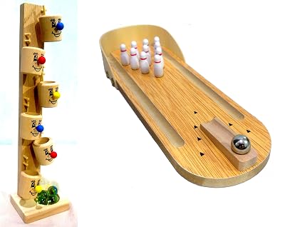 CRAFTS INDIA EMPORIUM Crafts India Hand Crafted Wooden Miniature Bowling Game and Wooden Marble Slider Toy - 6 Buckets C