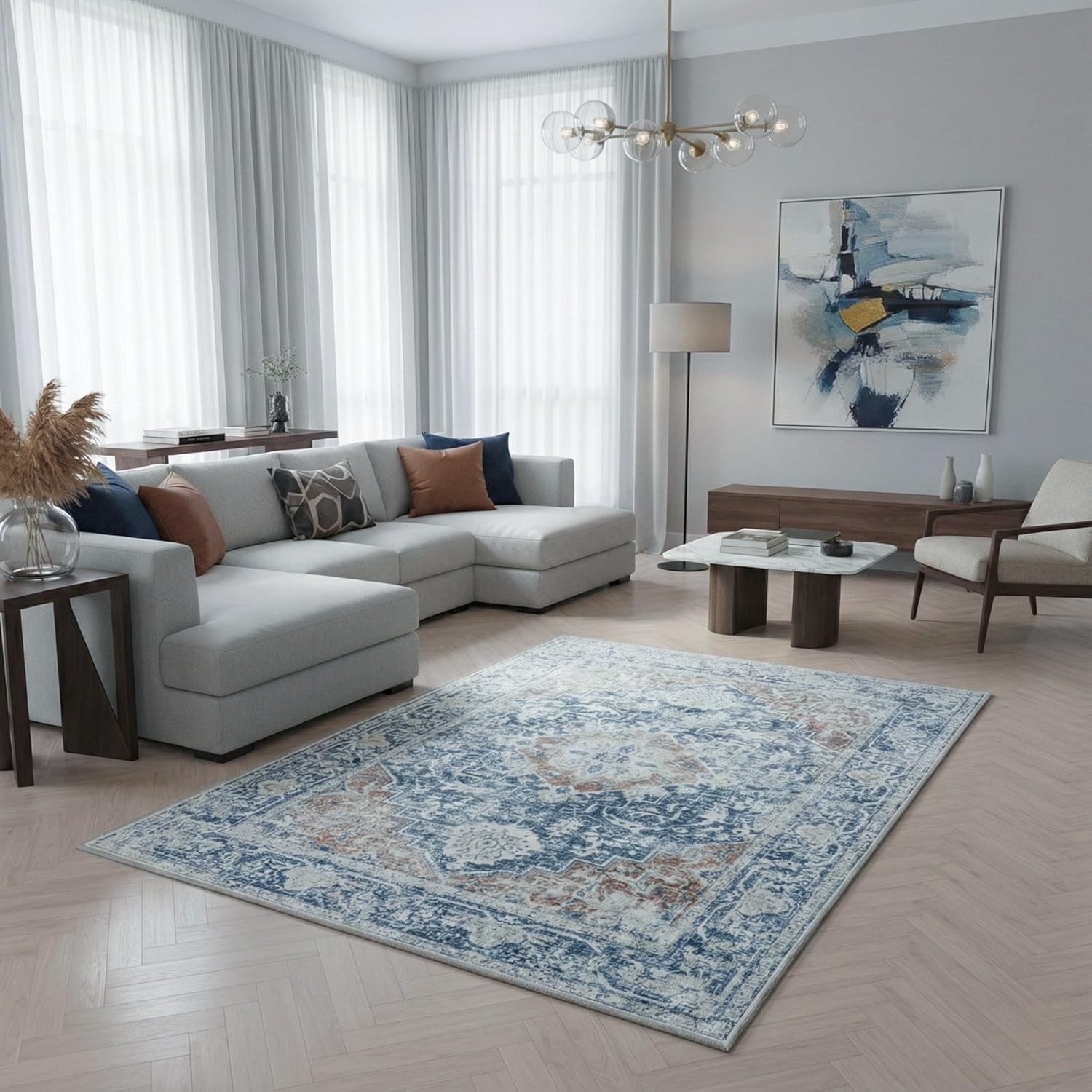 8x10 Area Rugs for Living Room, Washable Runner Rugs for Bedroom, Entryway Hallways Clearance Kitchen Indoor Boho Carpet, Beige Office Rug (Dusty Blue, 8' x 10' (Rectangular))