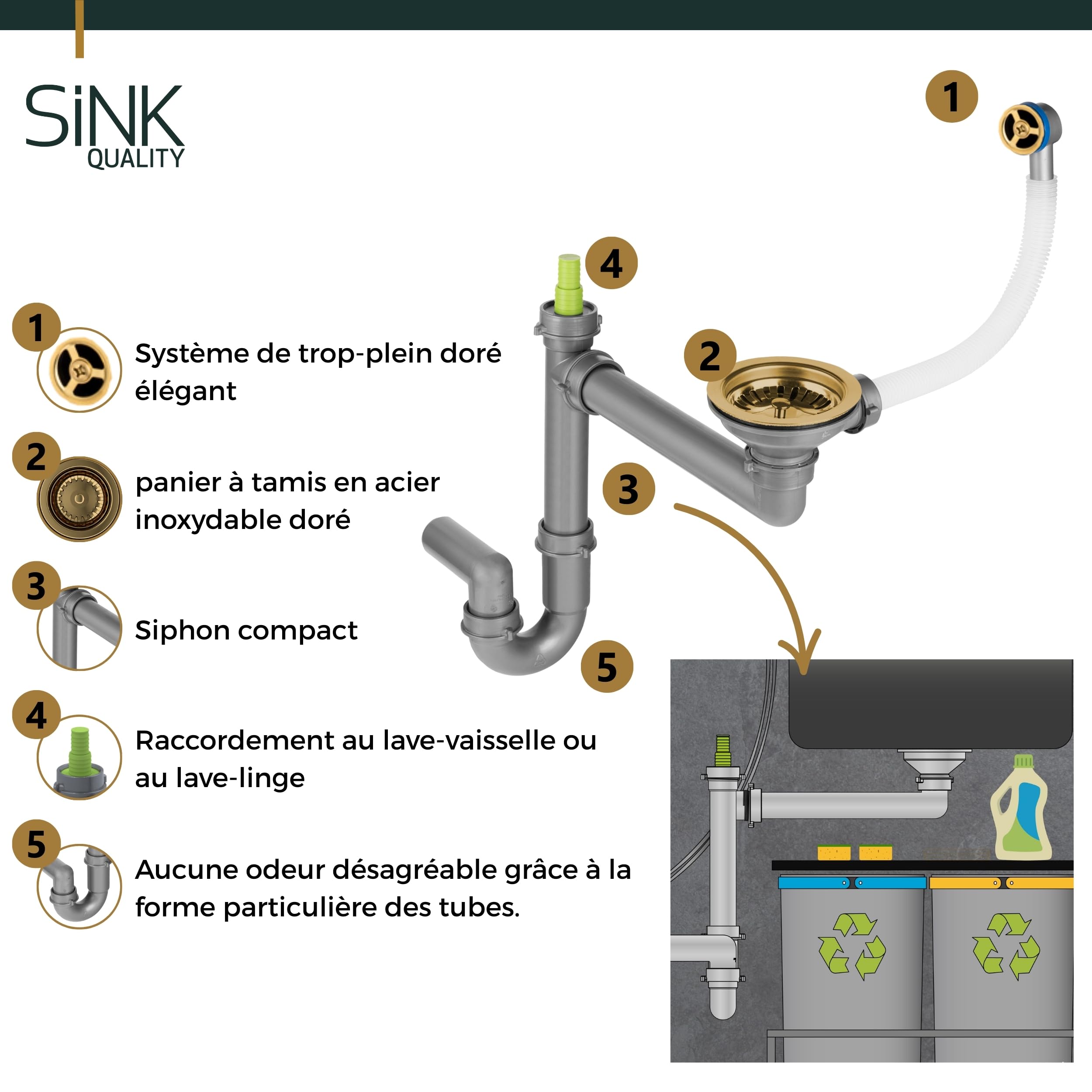 SINK QUALITY Évier en granit noir avec taches dorées 56 x 51 cm – Évier avec siphon doré et agent imperméabilisant – Évier pour armoires inférieures à partir de 60 cm de largeur – Lavabo pour cuisine
