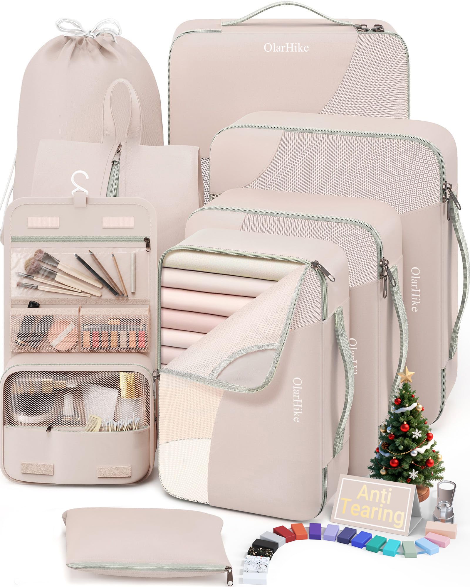 10 Set/8 Set Packing Cubes for Travel, Gifts for Women Mom,Anti-Tearing Suitcase Organizer for Luggage with Shoe & Hanging Toiletry Bag,OlarHike Vacation Essentials & Accessories for Cruise Ship,Cream