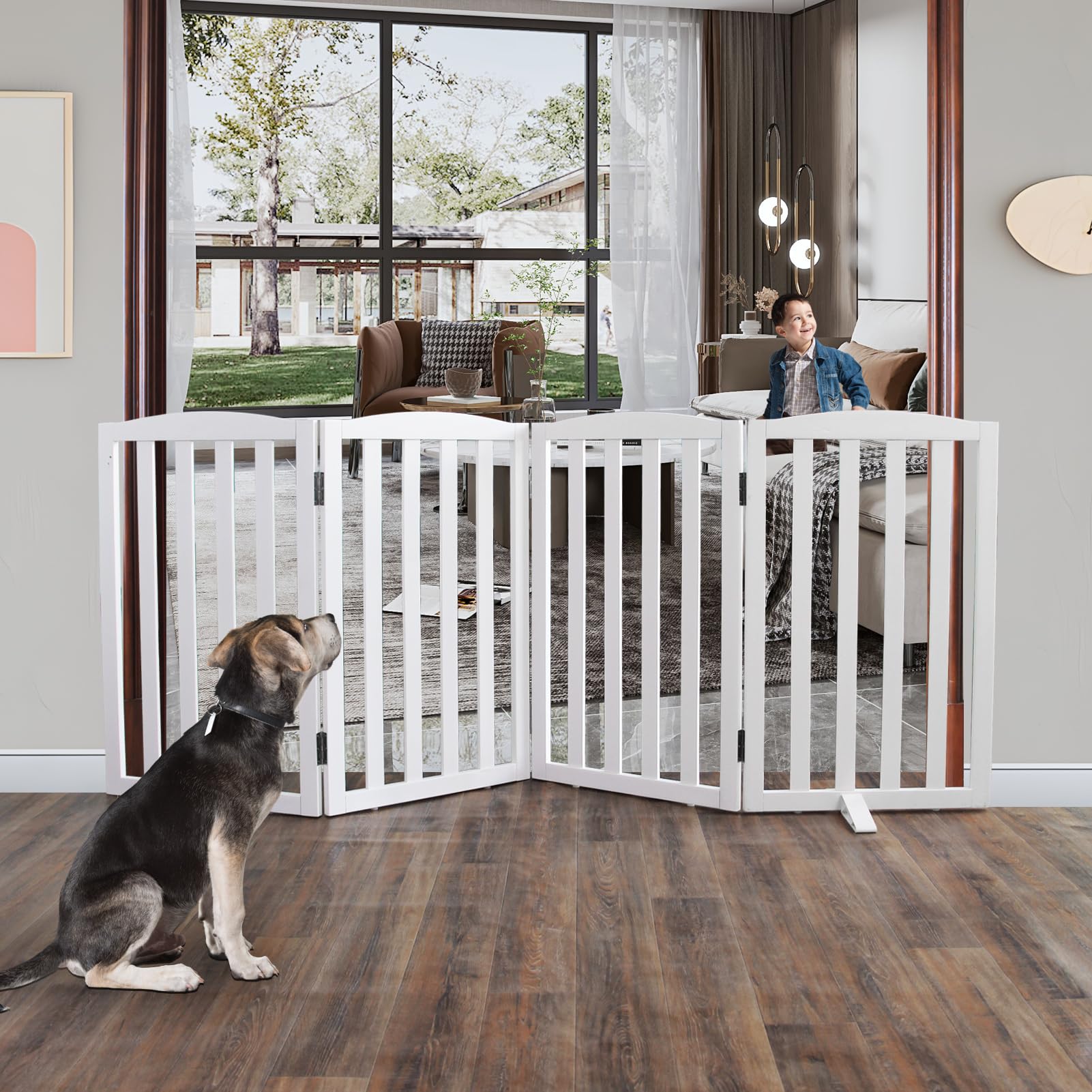 zjsf foldable freestanding indoor dog gate for house wood white long pet gates dog fence for stairs puppy gates for hallways, puppy gate,support feet included 32 "height-4 panels