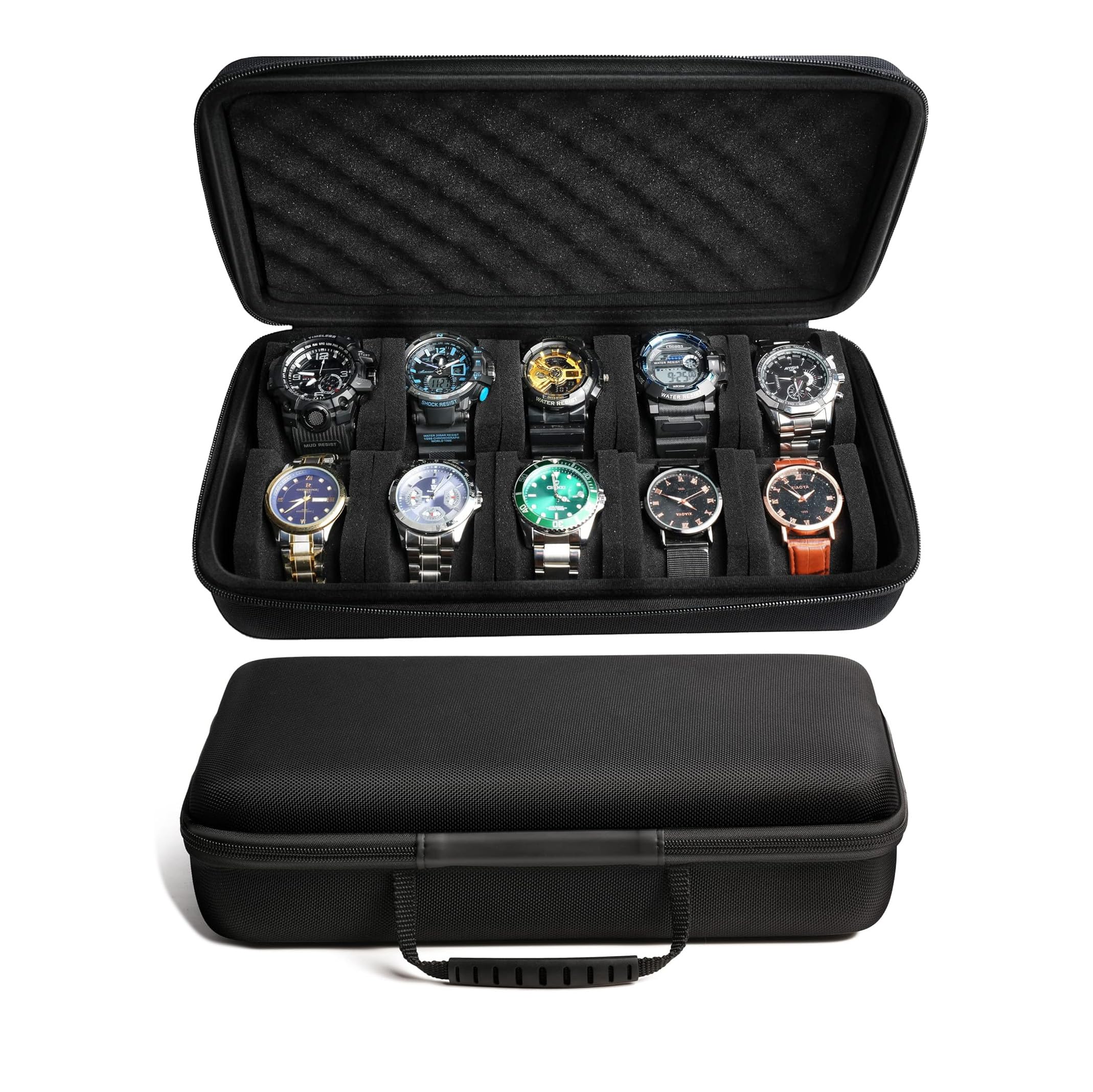 Matgeut Men's Black Watch Travel Case -Hard Travel Watch Travel Case, Hard Watch Box Storage Organizer And Display Fit Large&Small Watches (, 10 Slots)