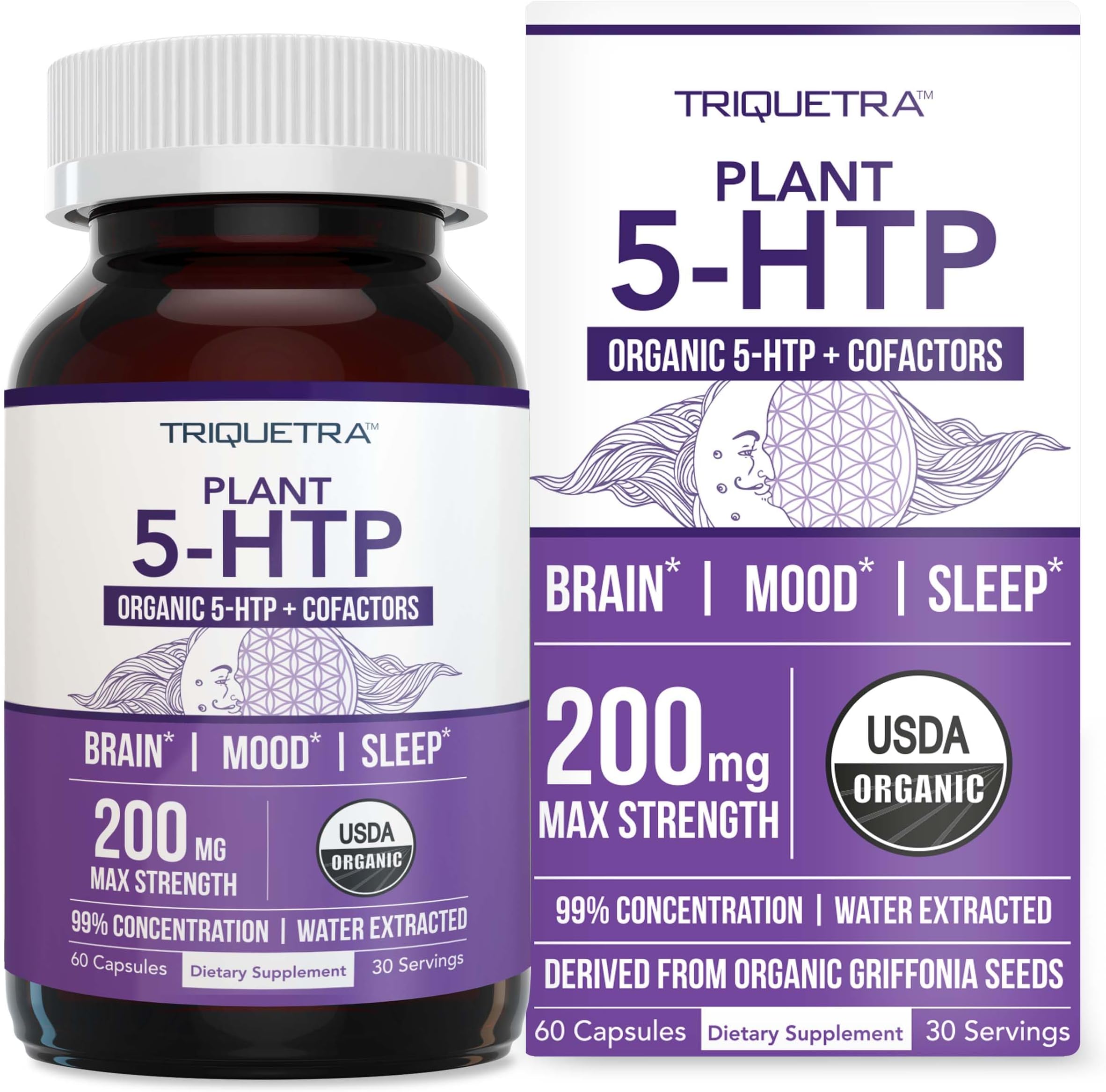 Organic 5-HTP - 200 mg | 99% 5HTP Concentration, Plus Cofactor Vitamin B6 & Lion’s Mane | Water Extracted from Organic Griffonia Seeds | Supports Mood, Cognition & Sleep (60 Capsules | 30 Servings)