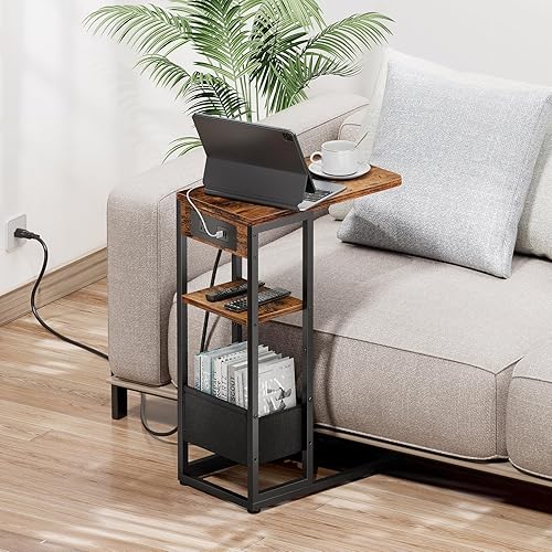Miniatura 8 de Mesa auxiliar en forma de C con estación de carga, mesa auxiliar pequeña para sofá reclinable, mesas de aperitivos con bolsa de almacenamiento y