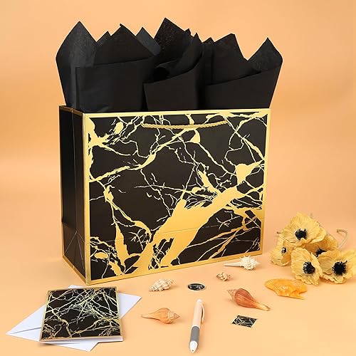 Miniatura 5 de Juego de bolsa de regalo grande de 13 pulgadas con tarjeta de felicitación y papel de seda (diseño de mármol) para celebrar cumpleaños, día de San