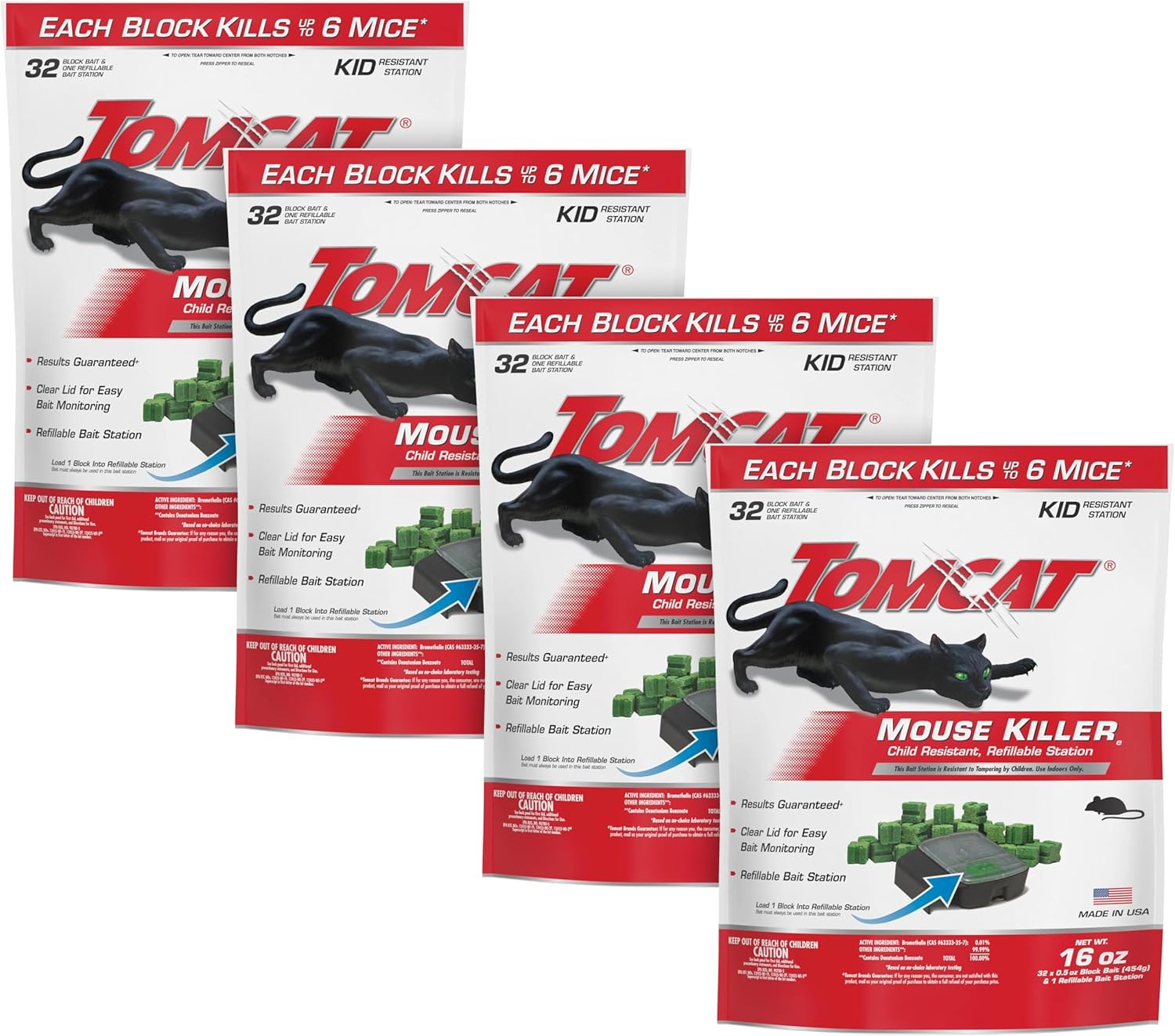 Tomcat Mouse Killer(e) Child Resistant, Refillable Station Offering with Clear Lid for Easy Bait Monitoring, 4 Packages each which contain 1 Station and 32 Bait Blocks